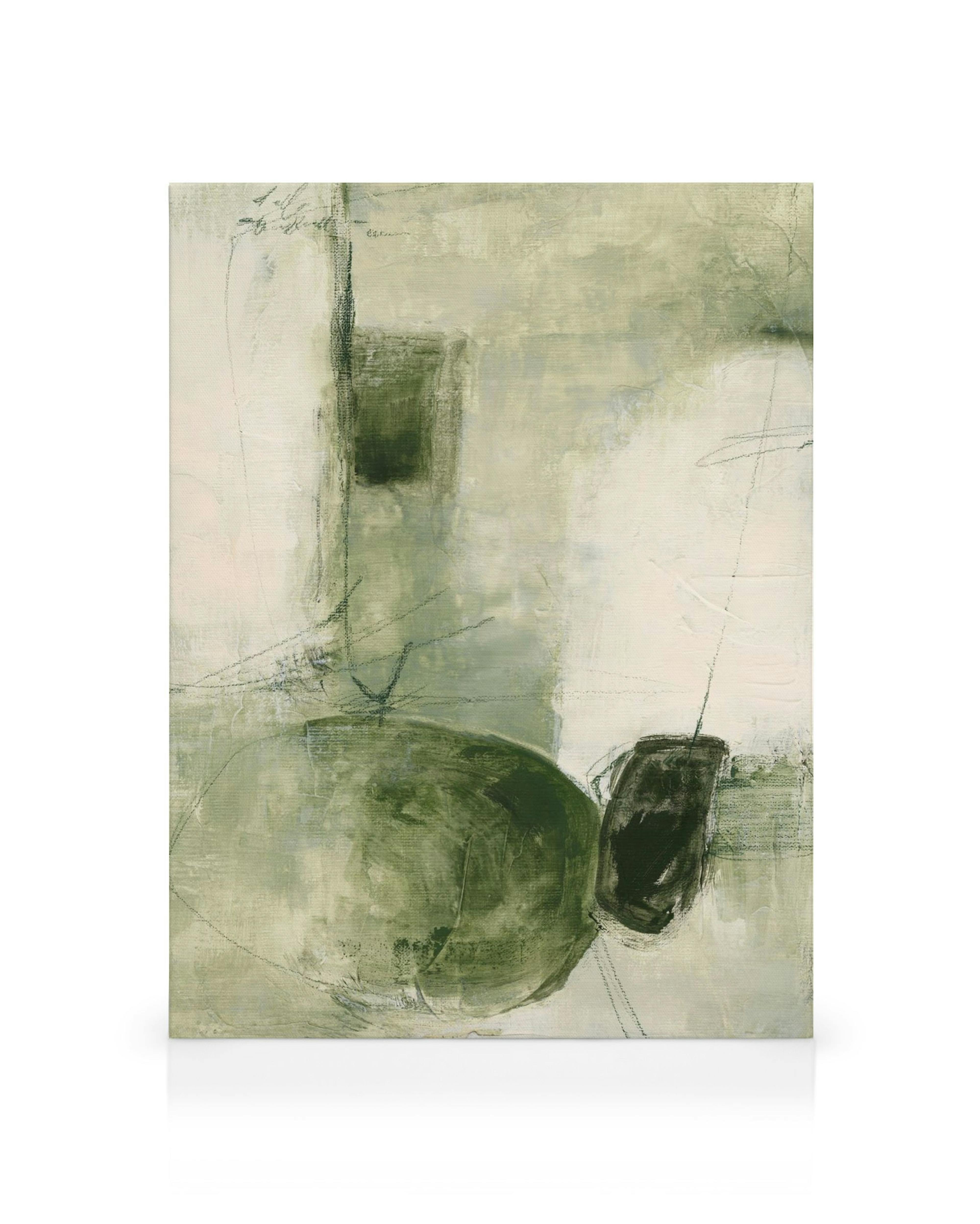 Stampa su tela astratta con forme organiche verdi, beige e marrone scuro, e linee bianche fluide su sfondo chiaro.