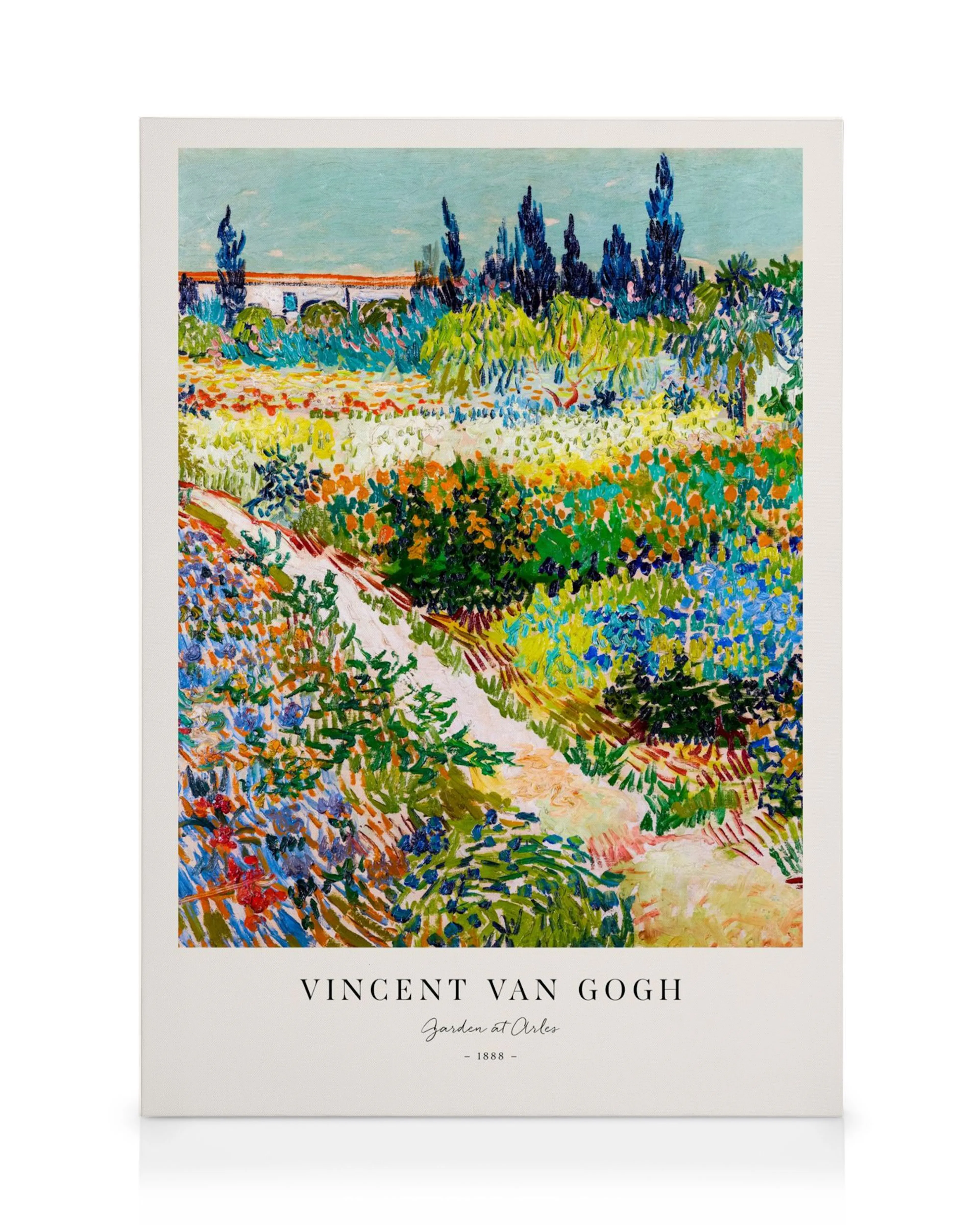 Toile Jardin à Arles de Van Gogh, représentant un jardin coloré avec un chemin et des cyprès bleus.