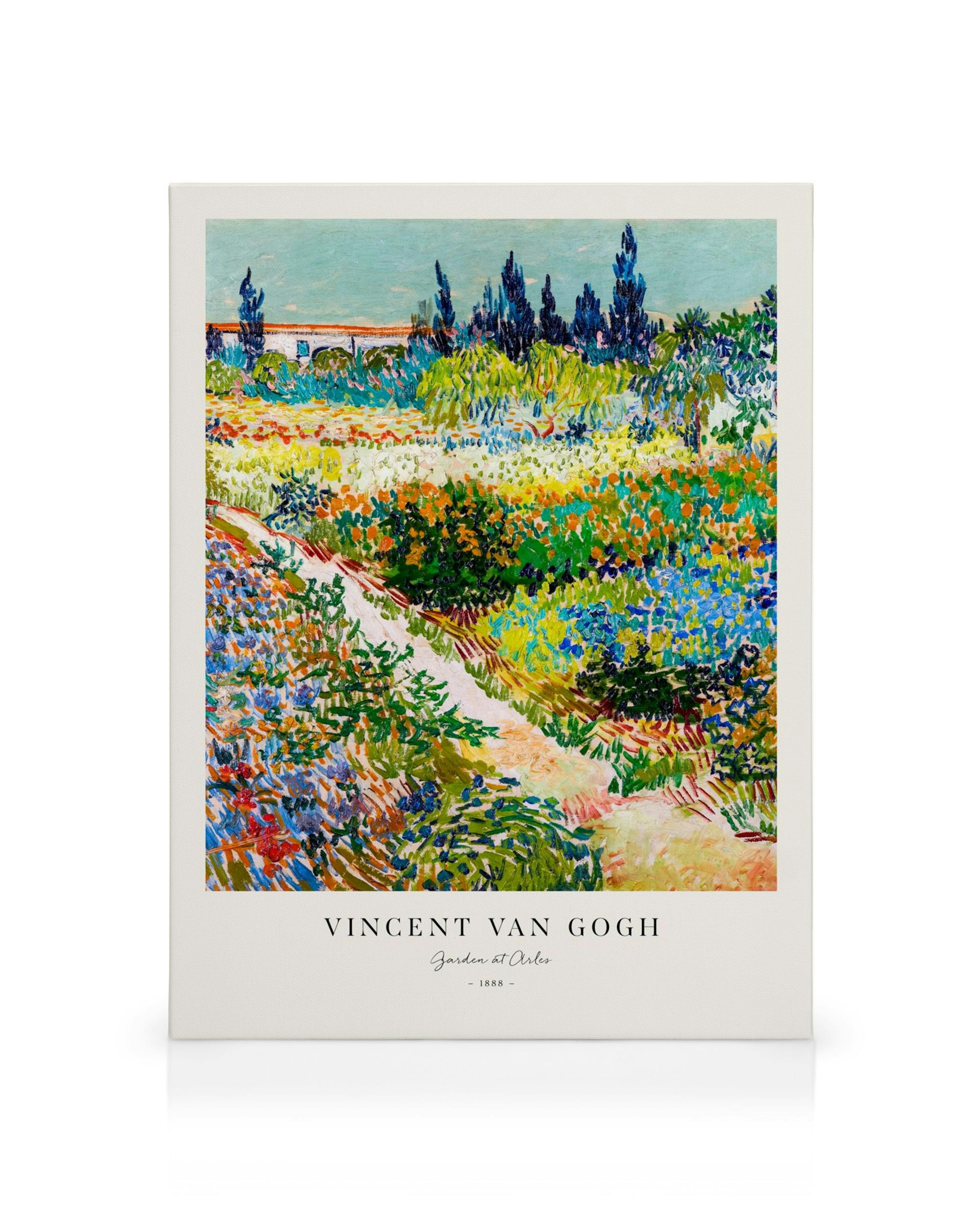 Lienzo de la obra de Van Gogh Jardín en Arlés con un camino serpenteante entre la vegetación y los cipreses.