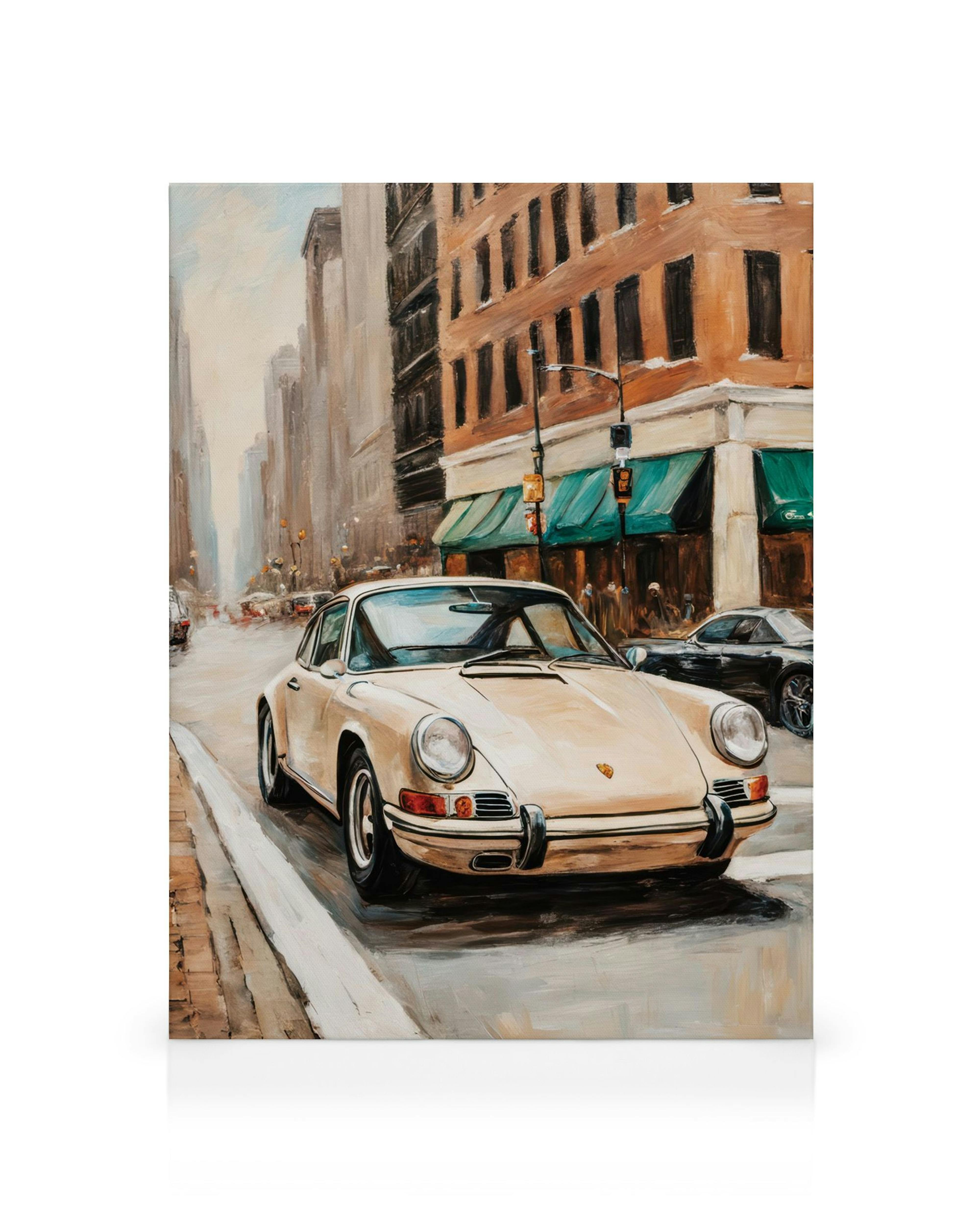 Obraz na płótnie przedstawiający beżowe Porsche 911 na ulicy miasta, z brązowymi budynkami i zielonymi markizami w tle.