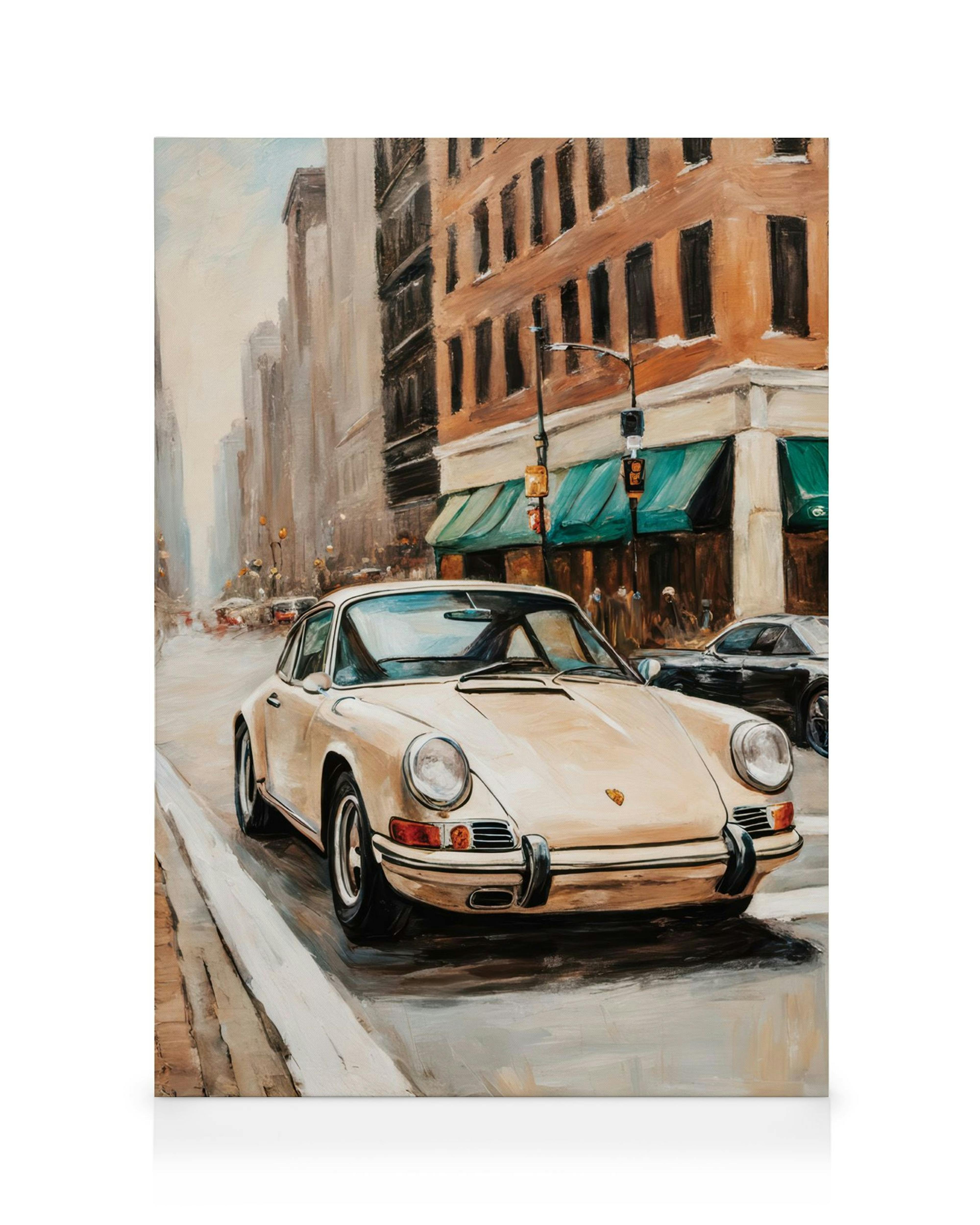 Leinwandbild eines klassischen beigefarbenen Porsches auf einer nassen Straße vor einer Stadtkulisse.