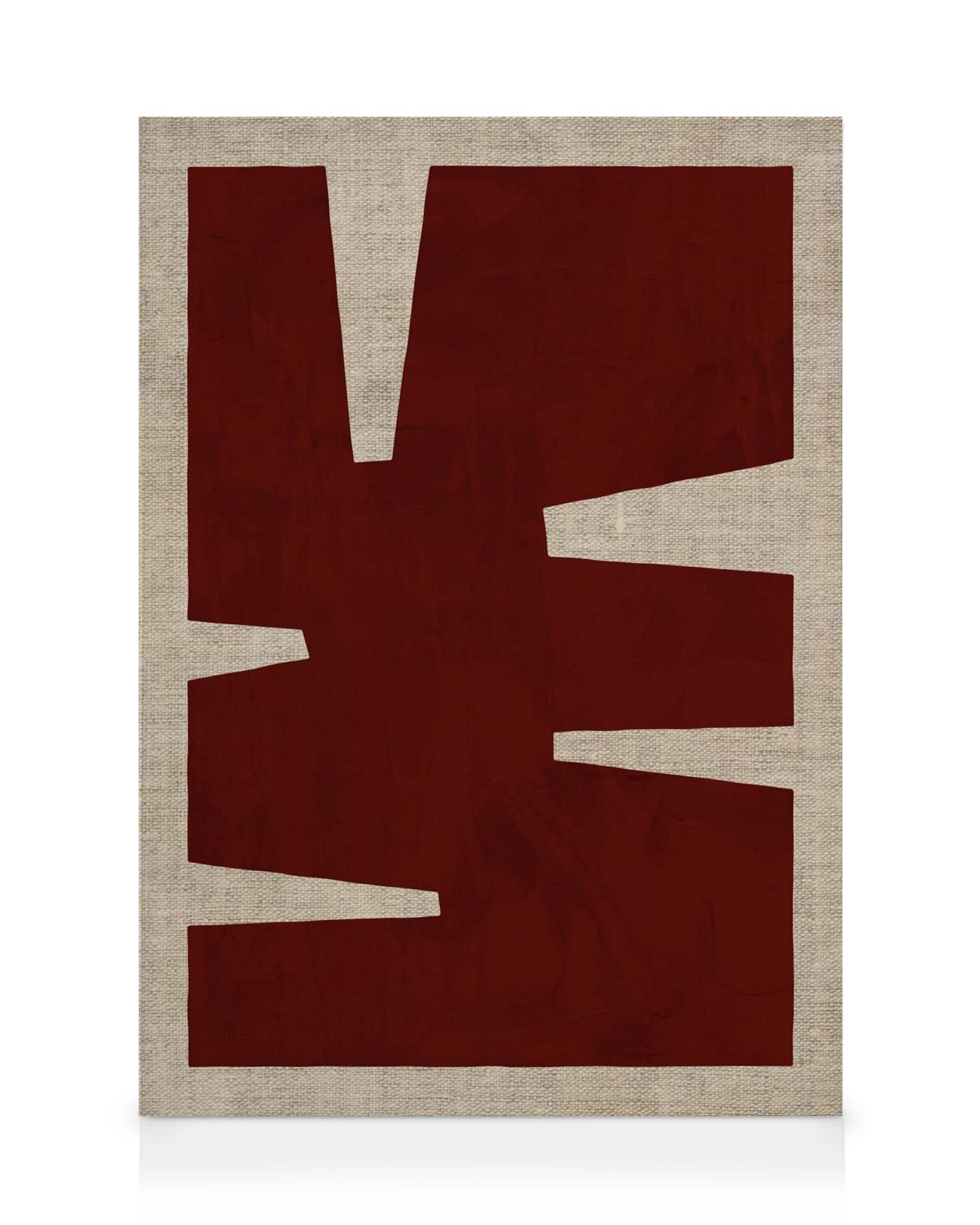 A canvas print featuring a dark red, bold, abstract shape with cutouts on a light beige textured background.