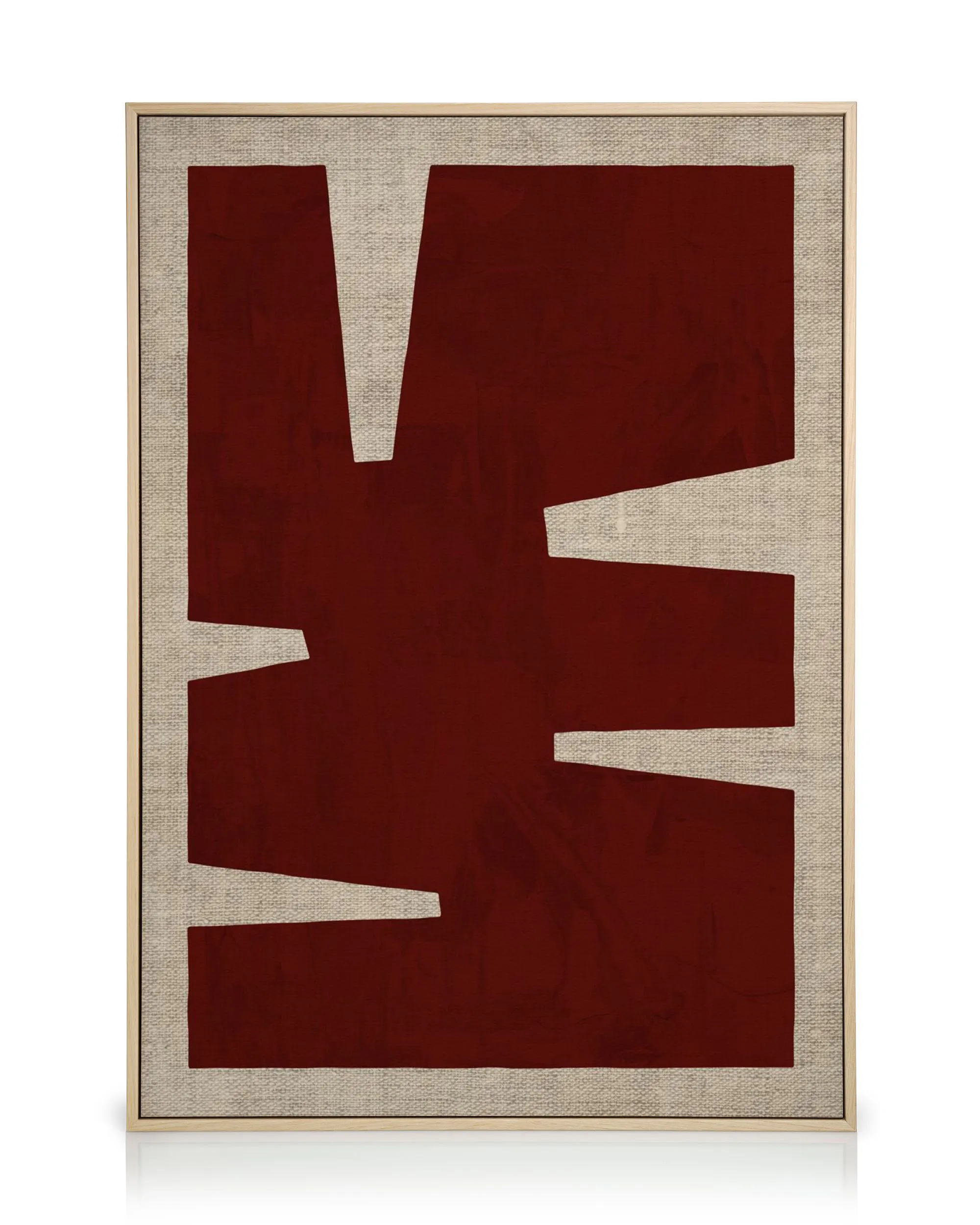 Leinwandbild mit dunkelroten, unregelmäßigen geometrischen Formen und einem beigen Rand.