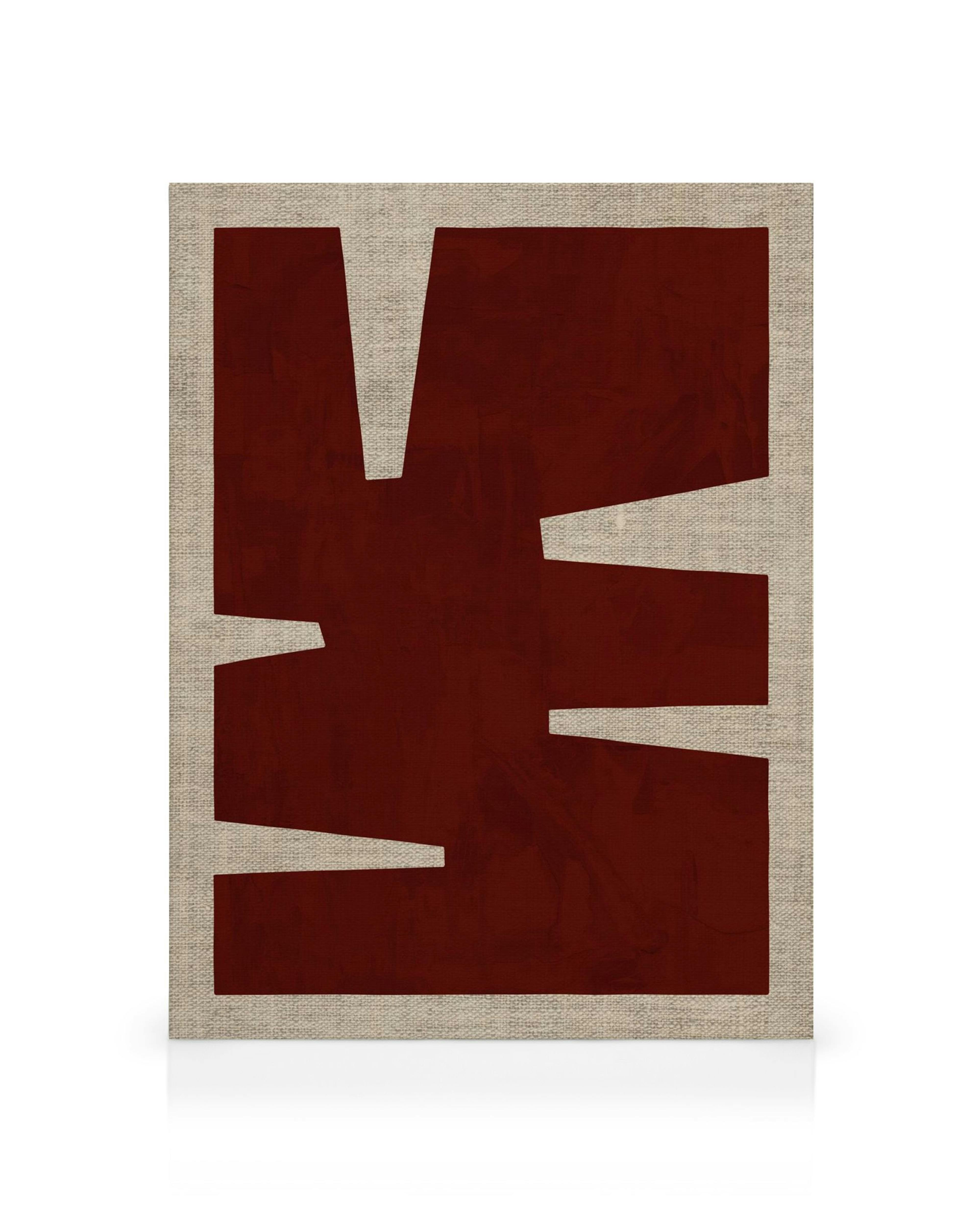 Obraz na płótnie z bordowymi, geometrycznymi kształtami na beżowym tle, tworzącymi abstrakcyjny wzór.