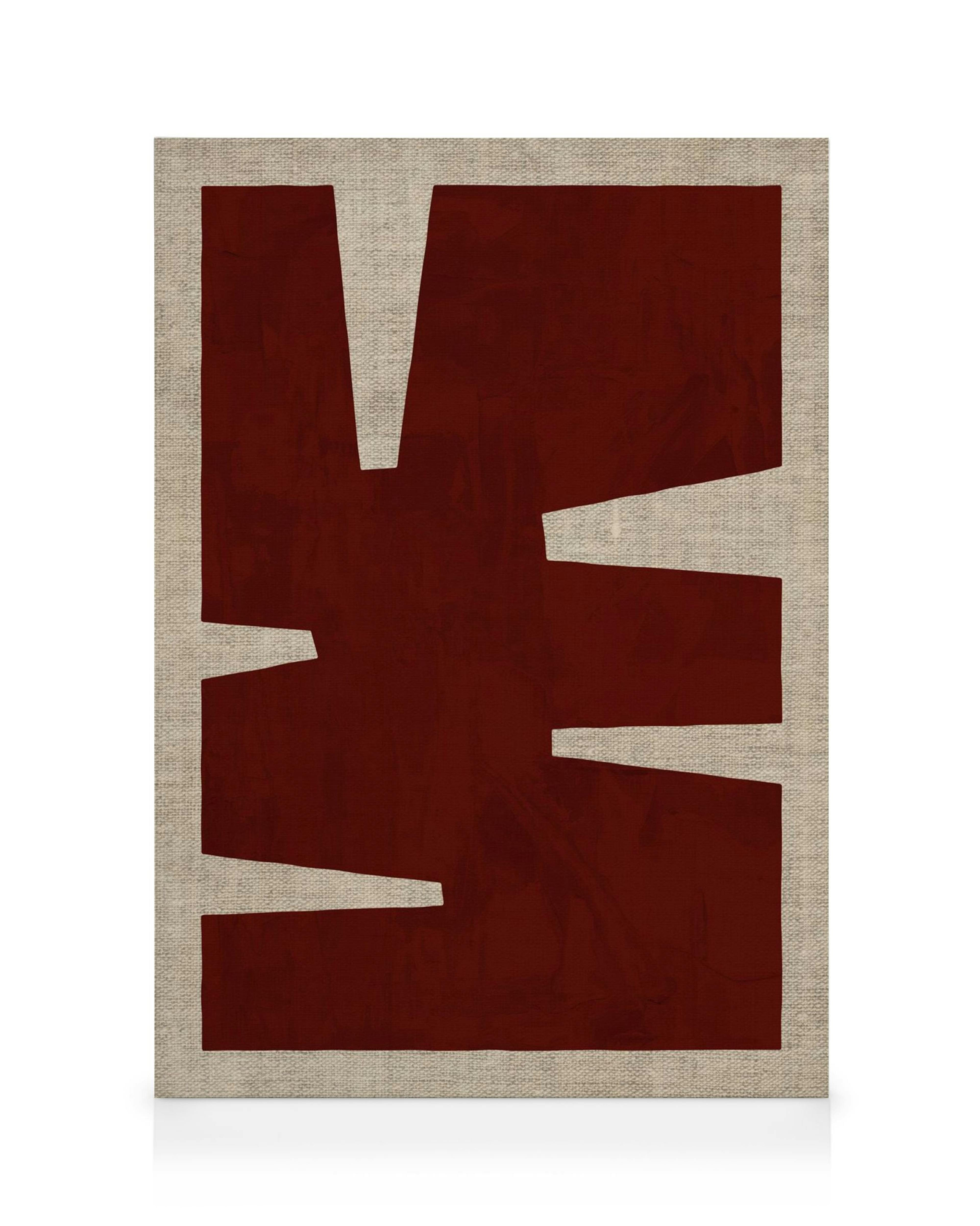 Toile abstraite avec des formes géométriques bordeaux sur un fond texturé beige clair.