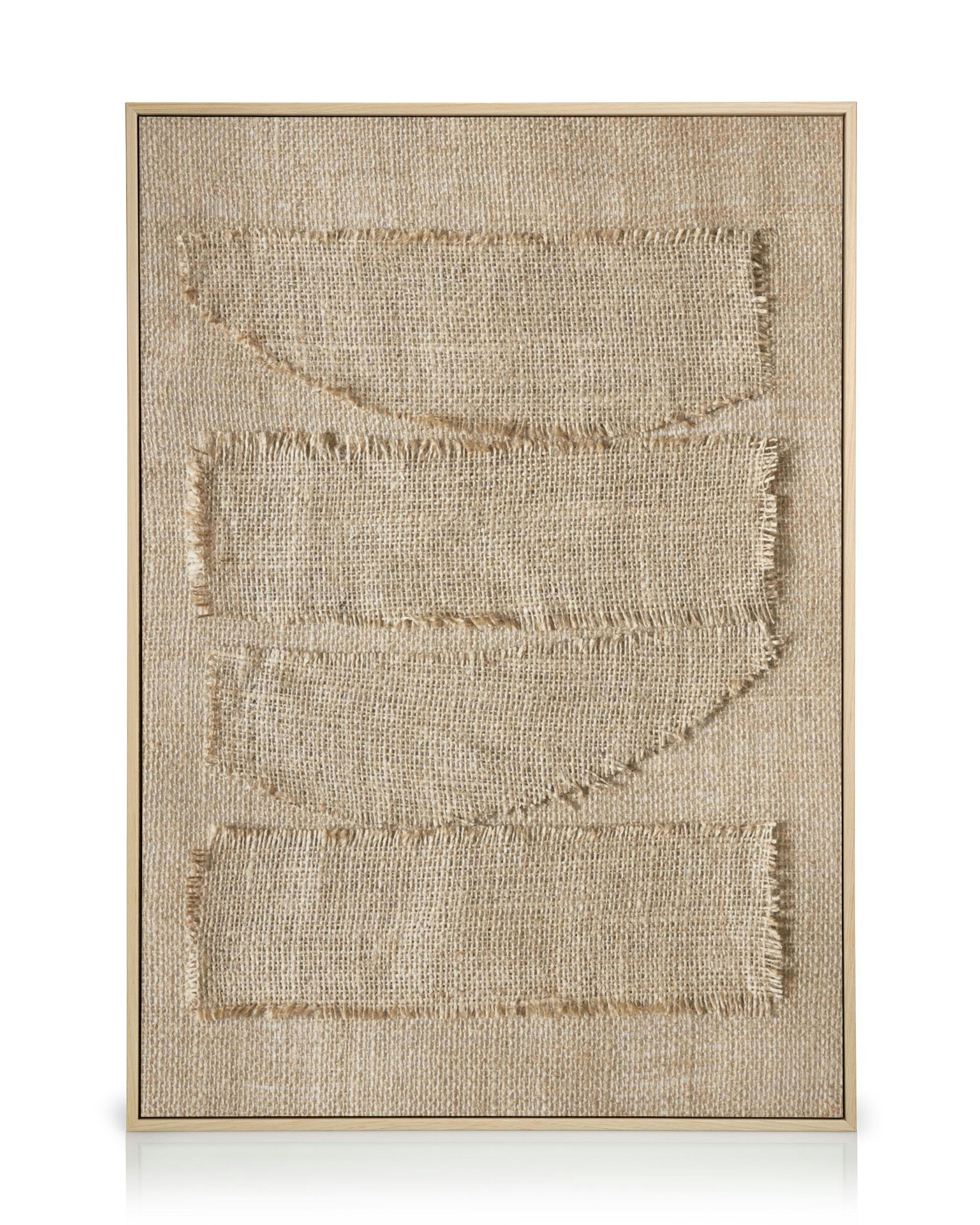 Textured burlap canvas with frayed fabric shapes, abstract textile wall art