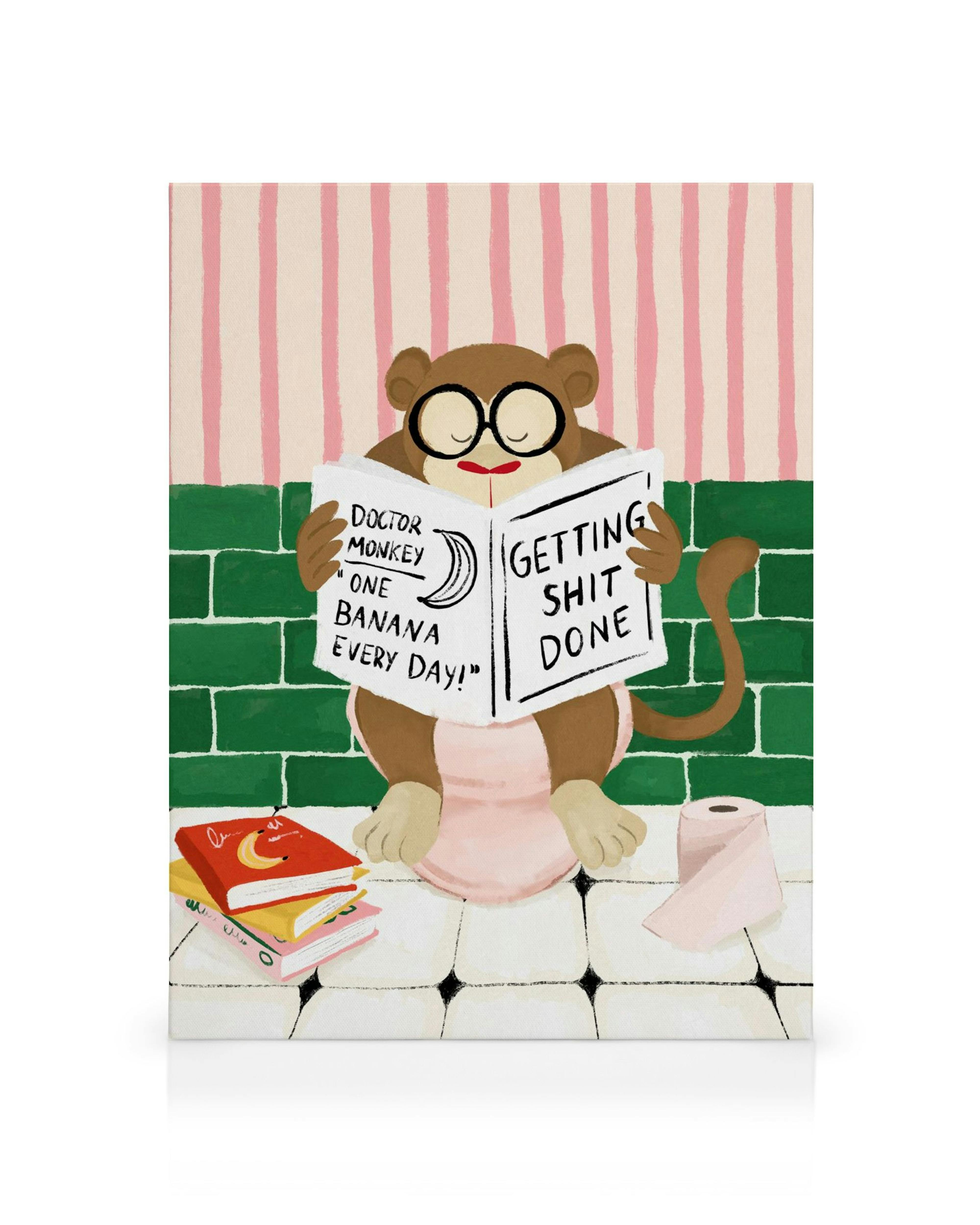 Apina lukee sanomalehteä vessassa, sarjakuvamainen kanvaasikuva