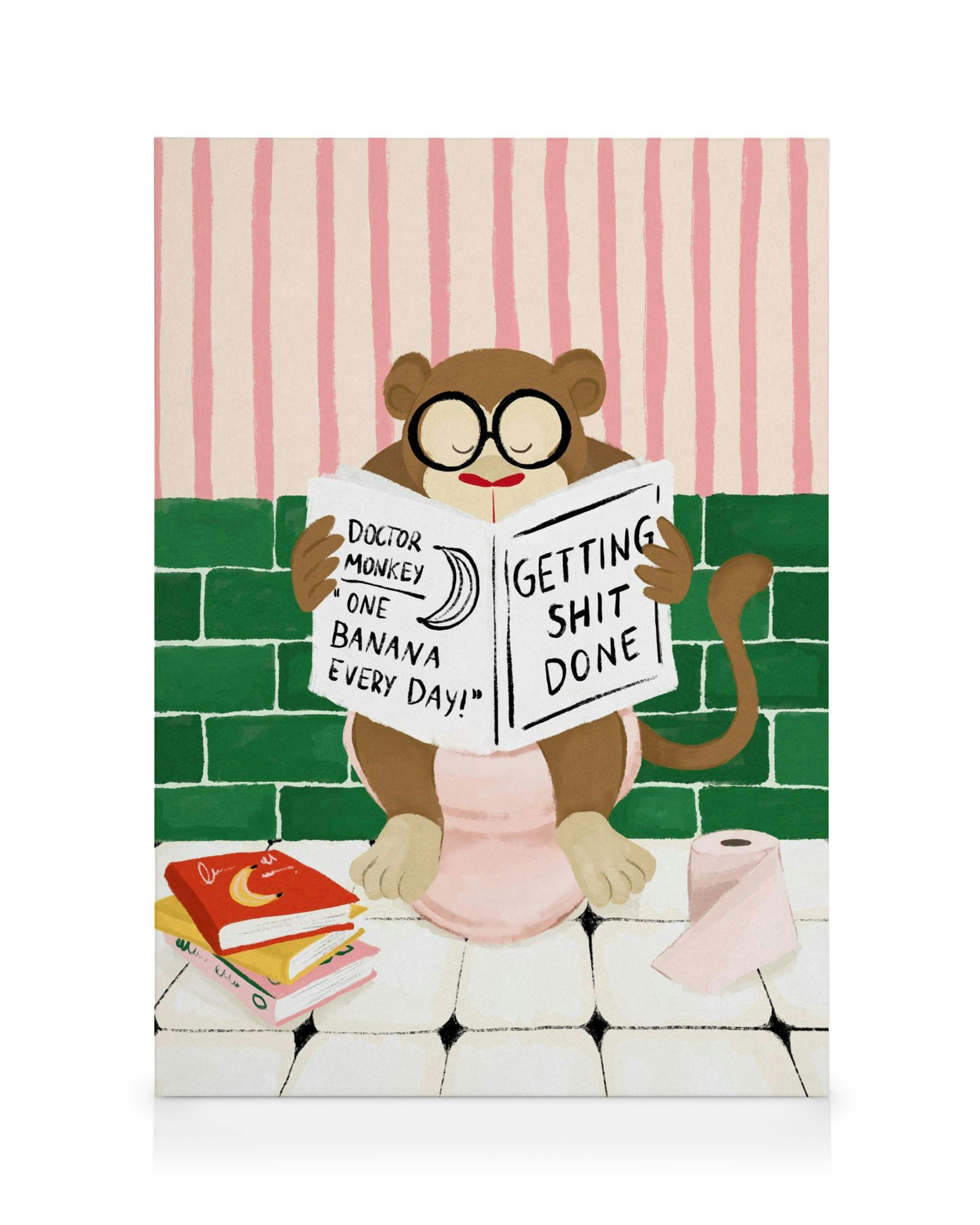 Tecknad apa med glasögon som läser tidningen Getting Shit Done på toaletten. Humoristisk, rolig inredning för badrum.