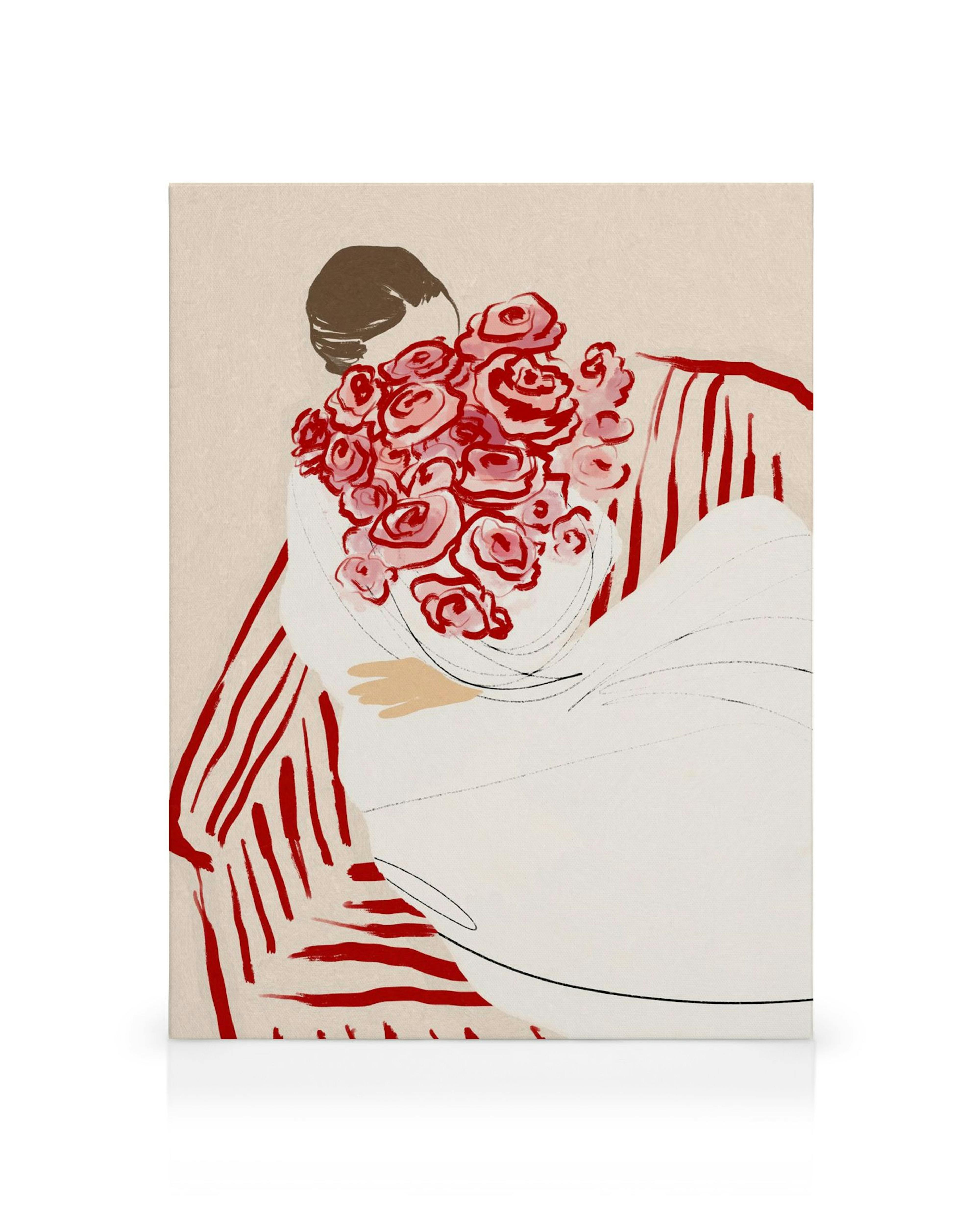 Ilustración de una mujer sentada abrazando un ramo de rosas rojas y rosadas, con un estilo expresivo y pinceladas audaces.