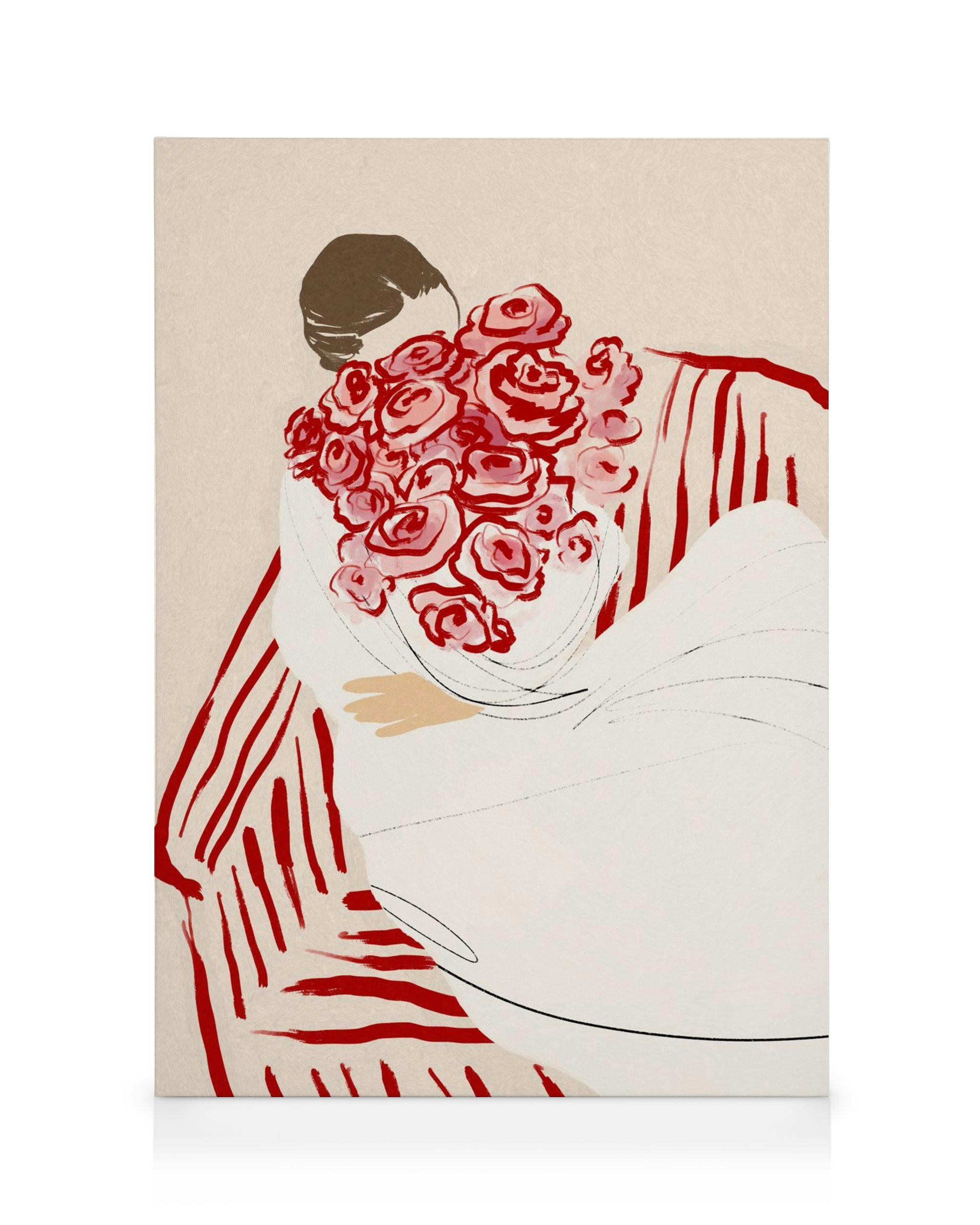 Illustration of a woman embracing a large bouquet of red roses, a beautiful canvas print.