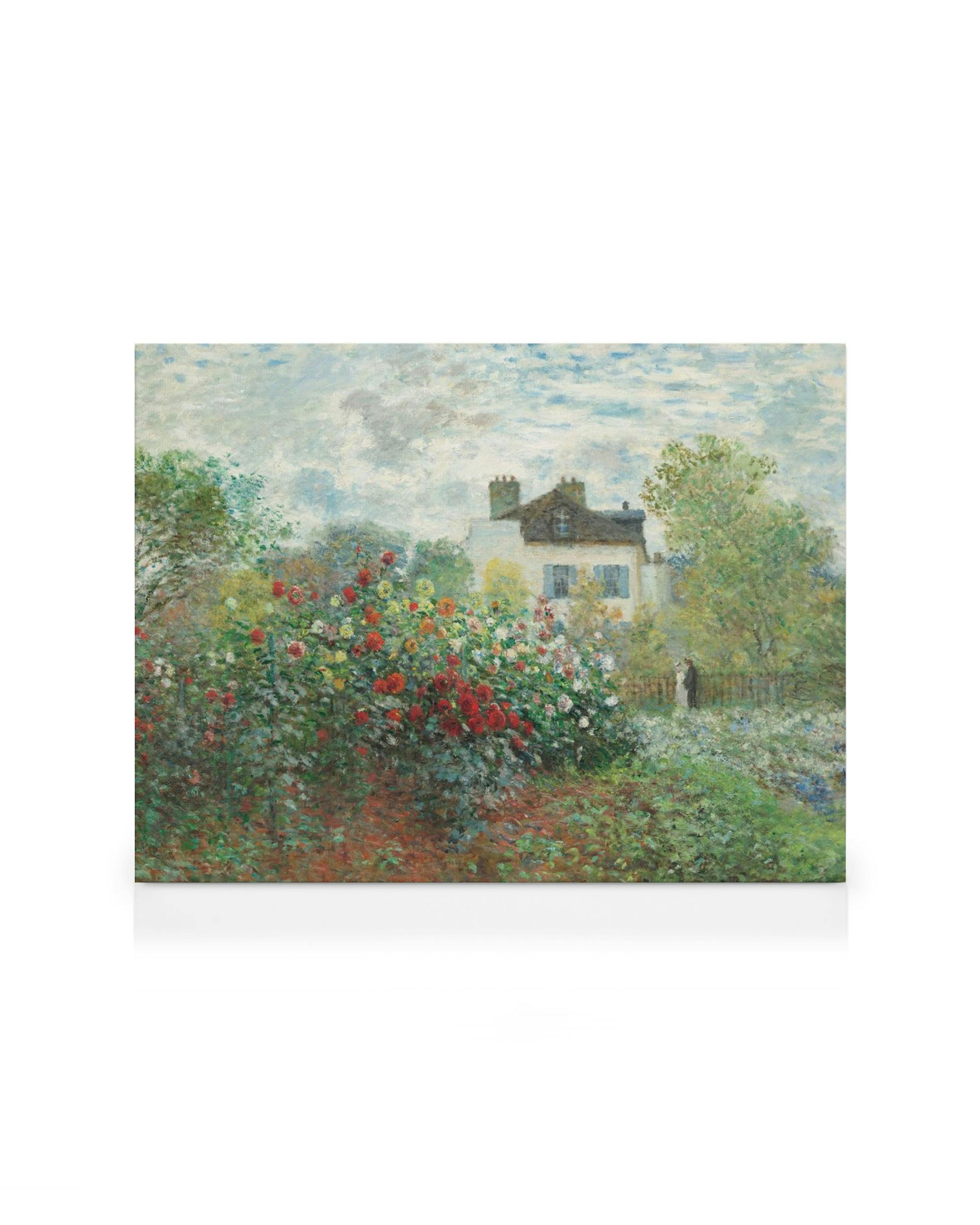 Pintura impressionista de Monet, Um Canto do Jardim com Dálias, exibindo casa branca, dálias vibrantes e céu nublado.