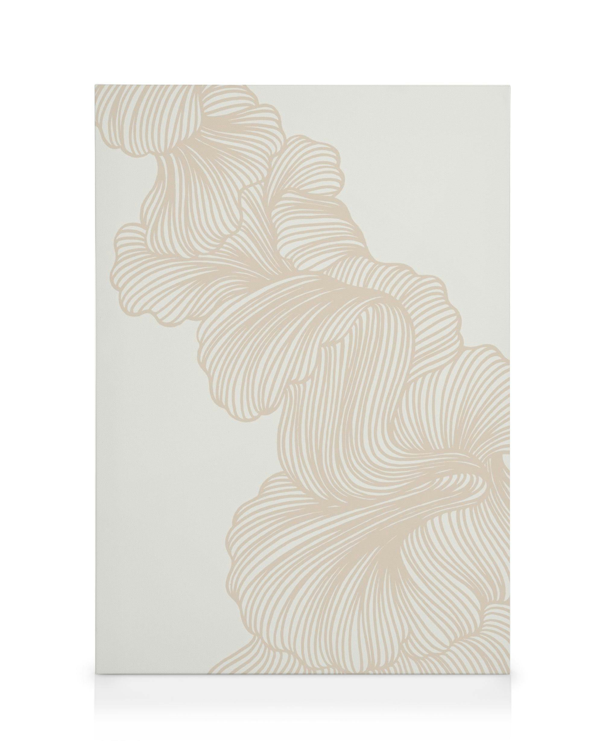 Abstract lines canvas print with wavy beige and orange shapes resembling petals or leaves on a flat surface.