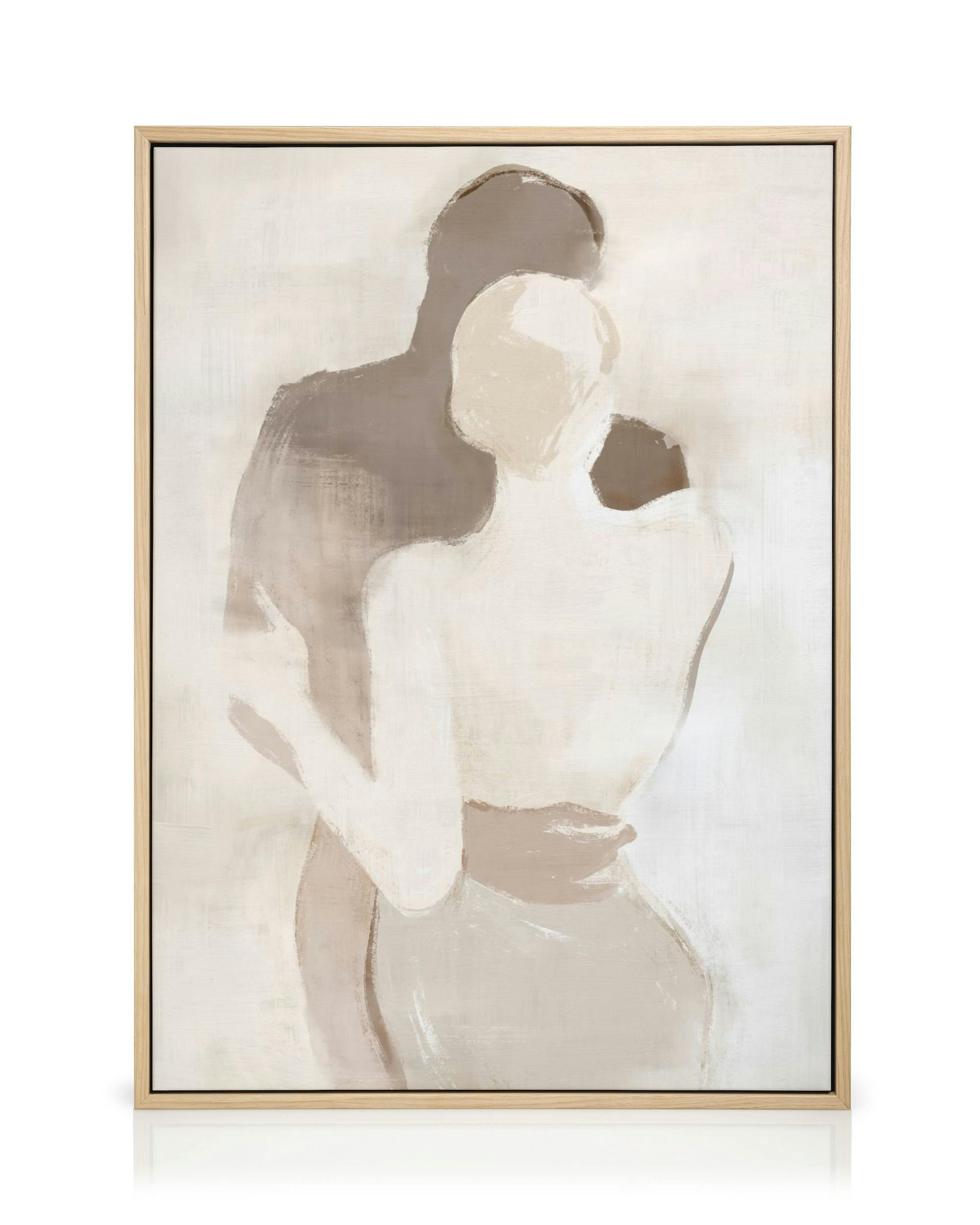 Abstract canvas print of two figures embracing, painted in soft neutral tones of beige, brown, and off-white, conveying intimacy