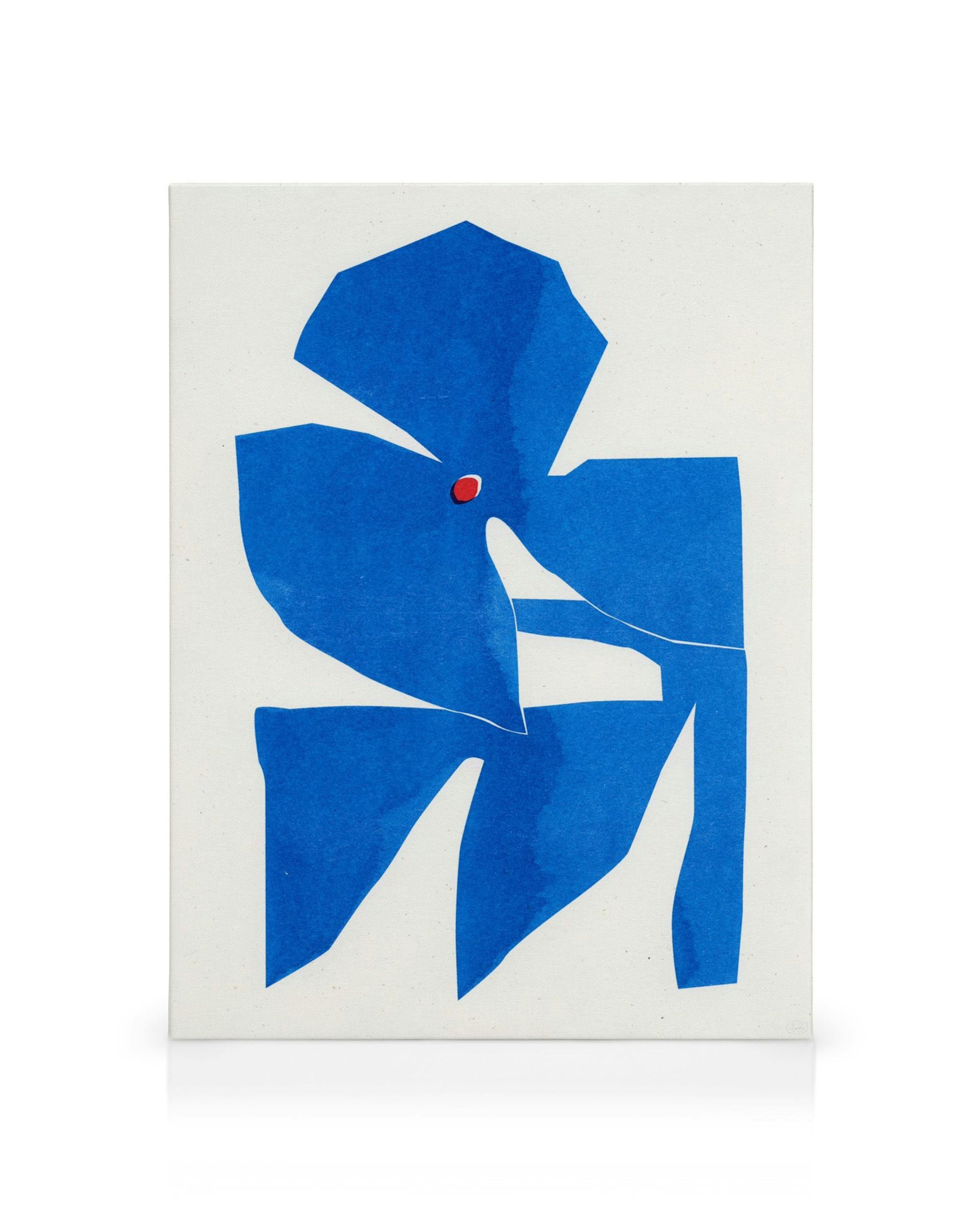 Berenice Hernandez Azul abstract canvas print, featuring bold blue shapes and a striking red dot on a white background.