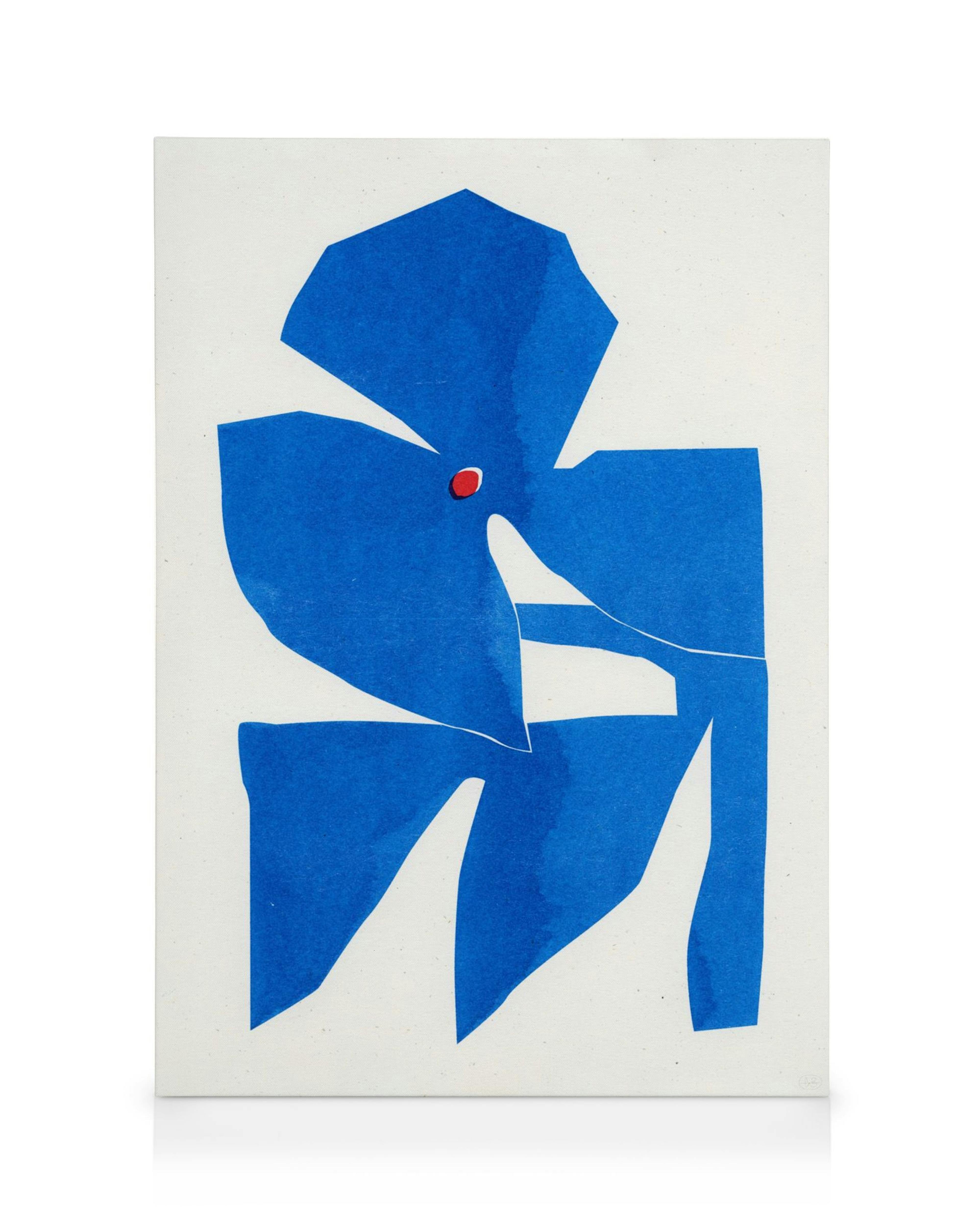 Berenice Hernandezs Azul canvas art: bold blue abstract shapes with a single red dot, evoking modern paper cut-out designs.