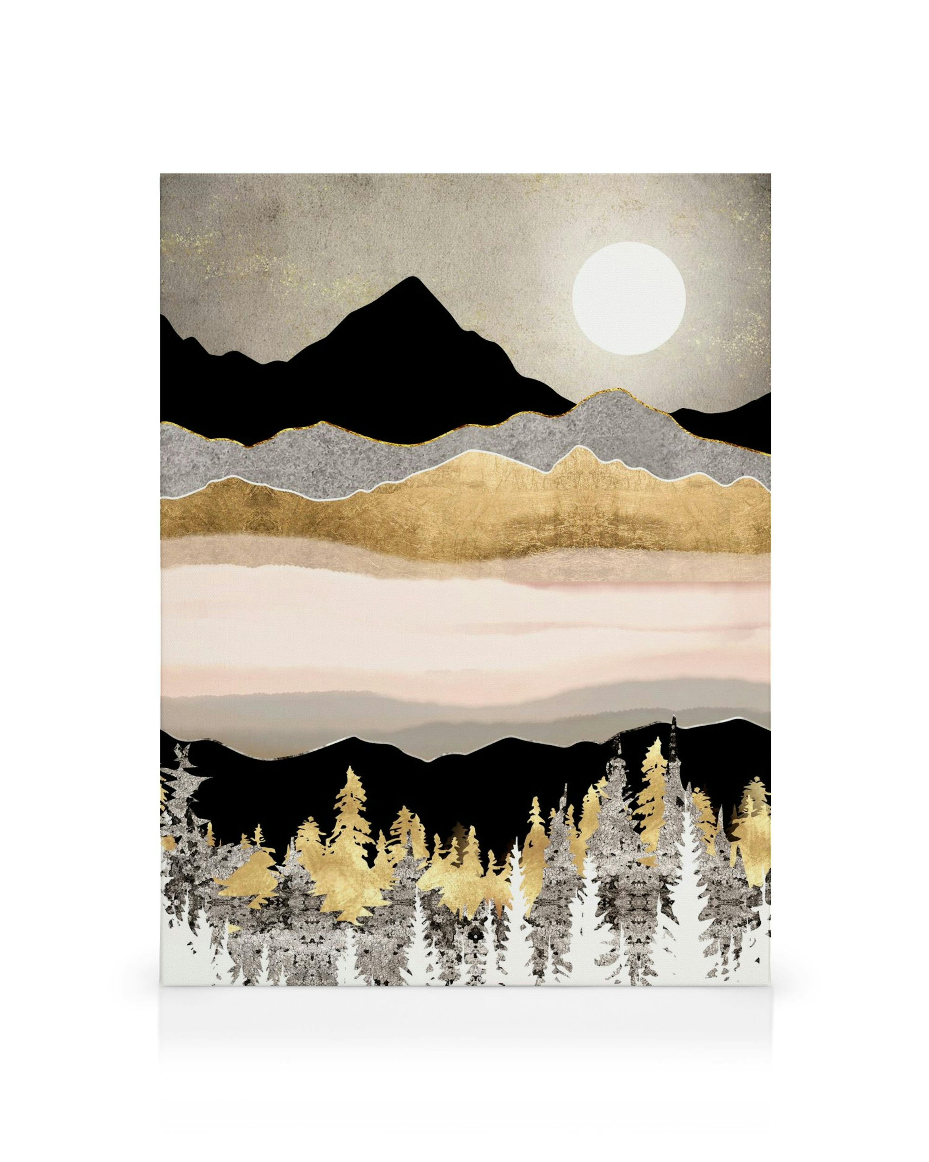 Toile minimaliste de montagnes et sapins noirs, or, rose, gris, avec lune blanche et détails typographie.