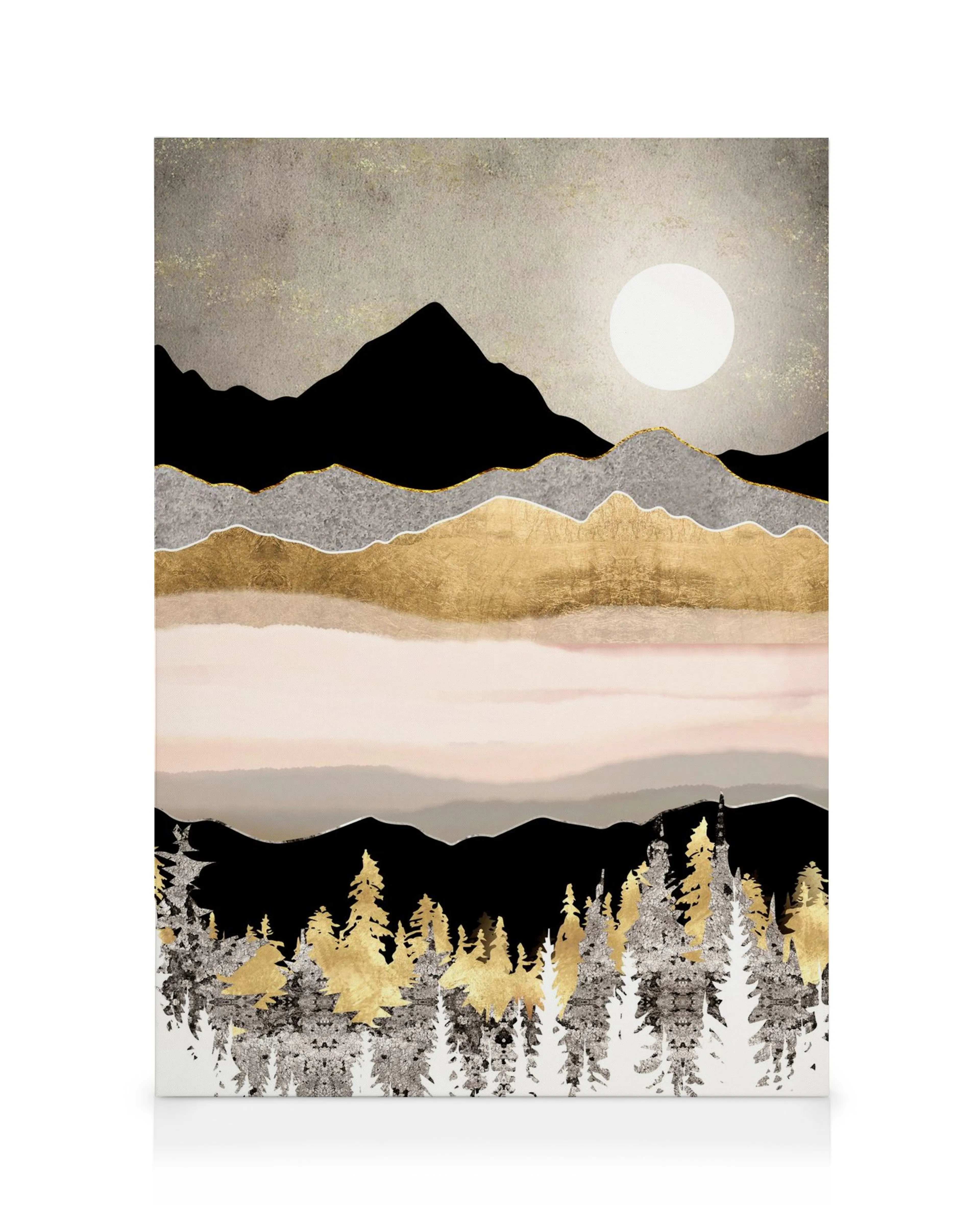 Κάμβας Winter Moon με χρυσά, μαύρα βουνά, ασημί δέντρα, φεγγάρι, σε ροζ-γκρι φόντο.