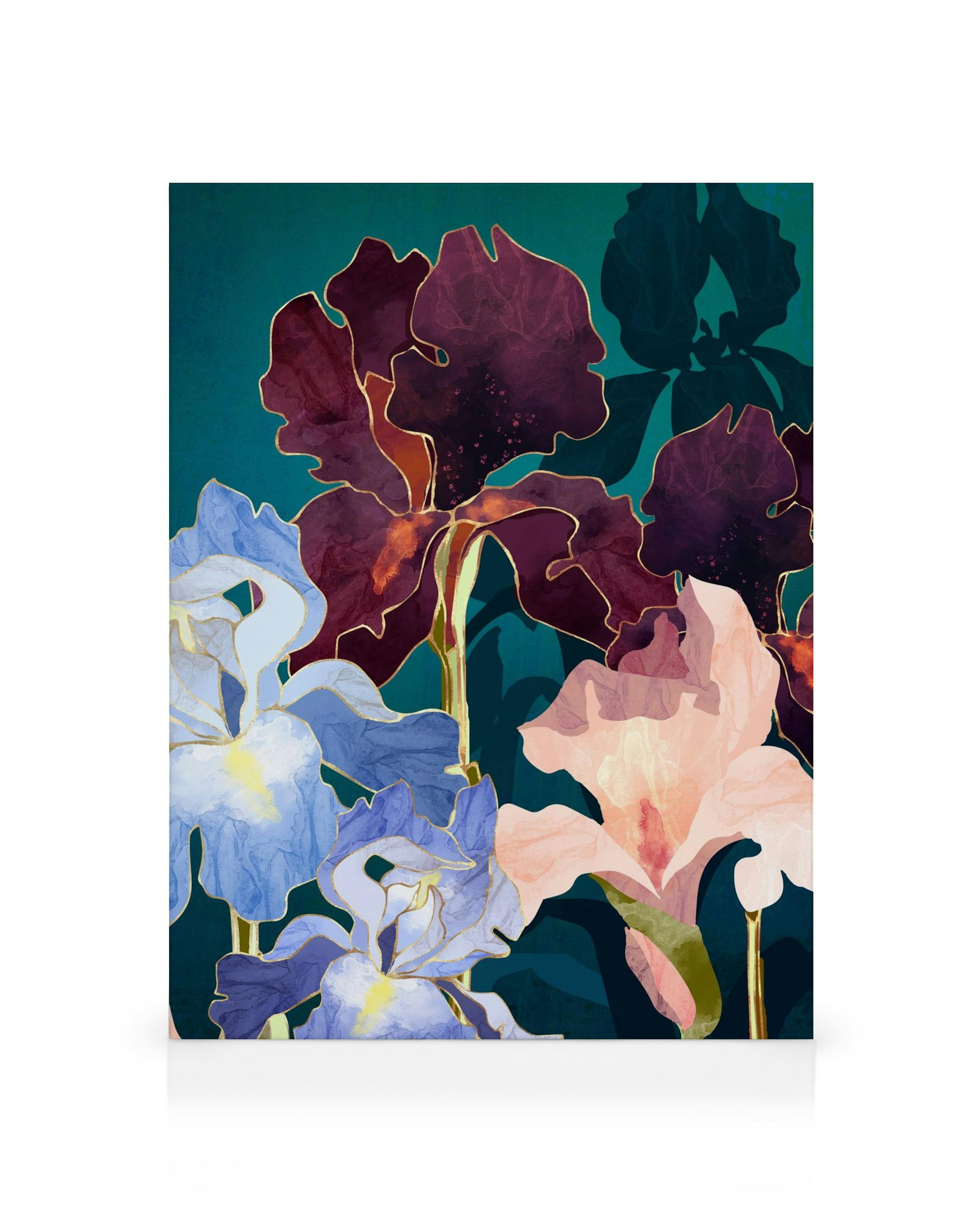 Abstraktní obraz na plátně s tmavě fialovými, modrými a růžovými kosatci se zlatými obrysy na tyrkysovém pozadí.