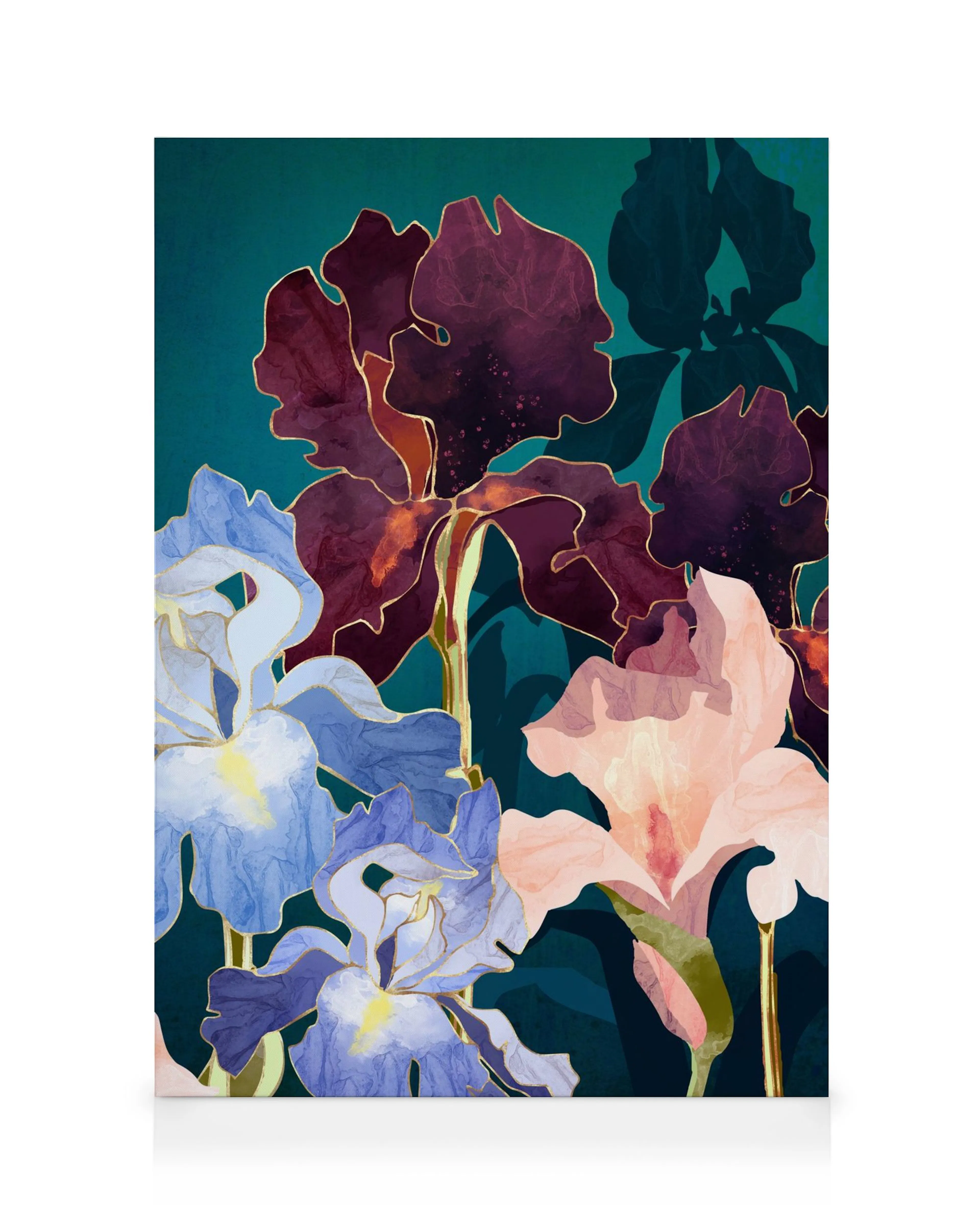 Vibrant Iris flower canvas print, featuring stylised blooms in deep red, blue, and pink on a rich green background.