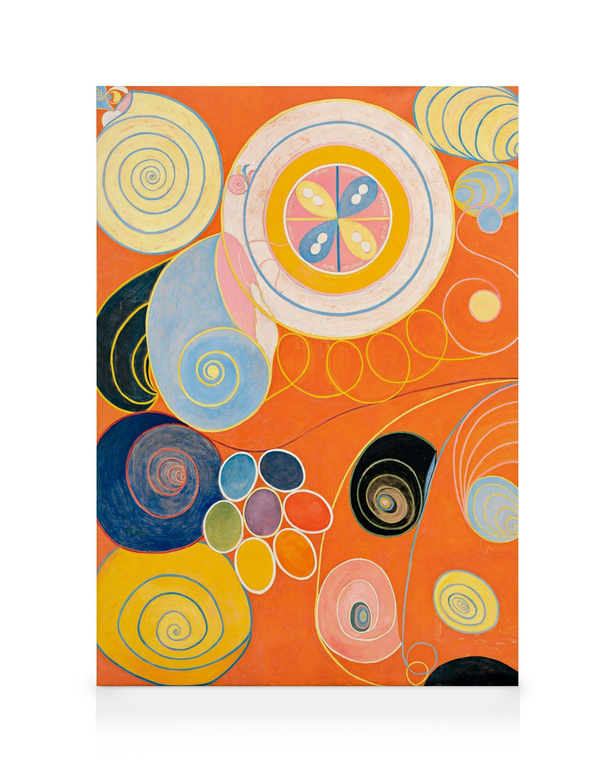 Stampa su tela Hilma Af Klint, The Ten Largest, No. 3, Youth. Vortici e cerchi colorati in arancione, blu, giallo, rosa.