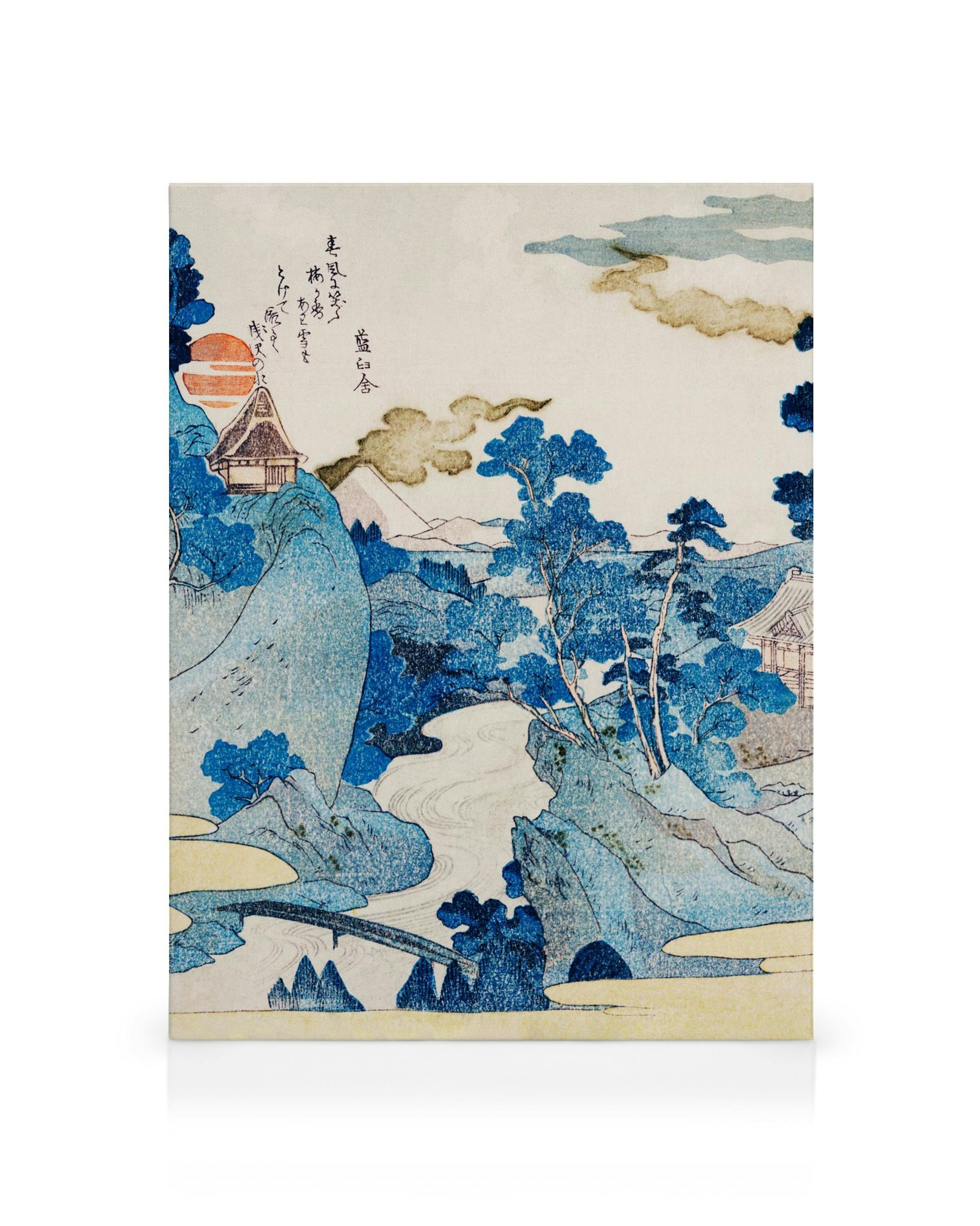 Utagawa Kuniyoshi: Fuji no Yukei, japonský dřevoryt, krajina s horami, řekou, stromy a chatrčemi, východ slunce