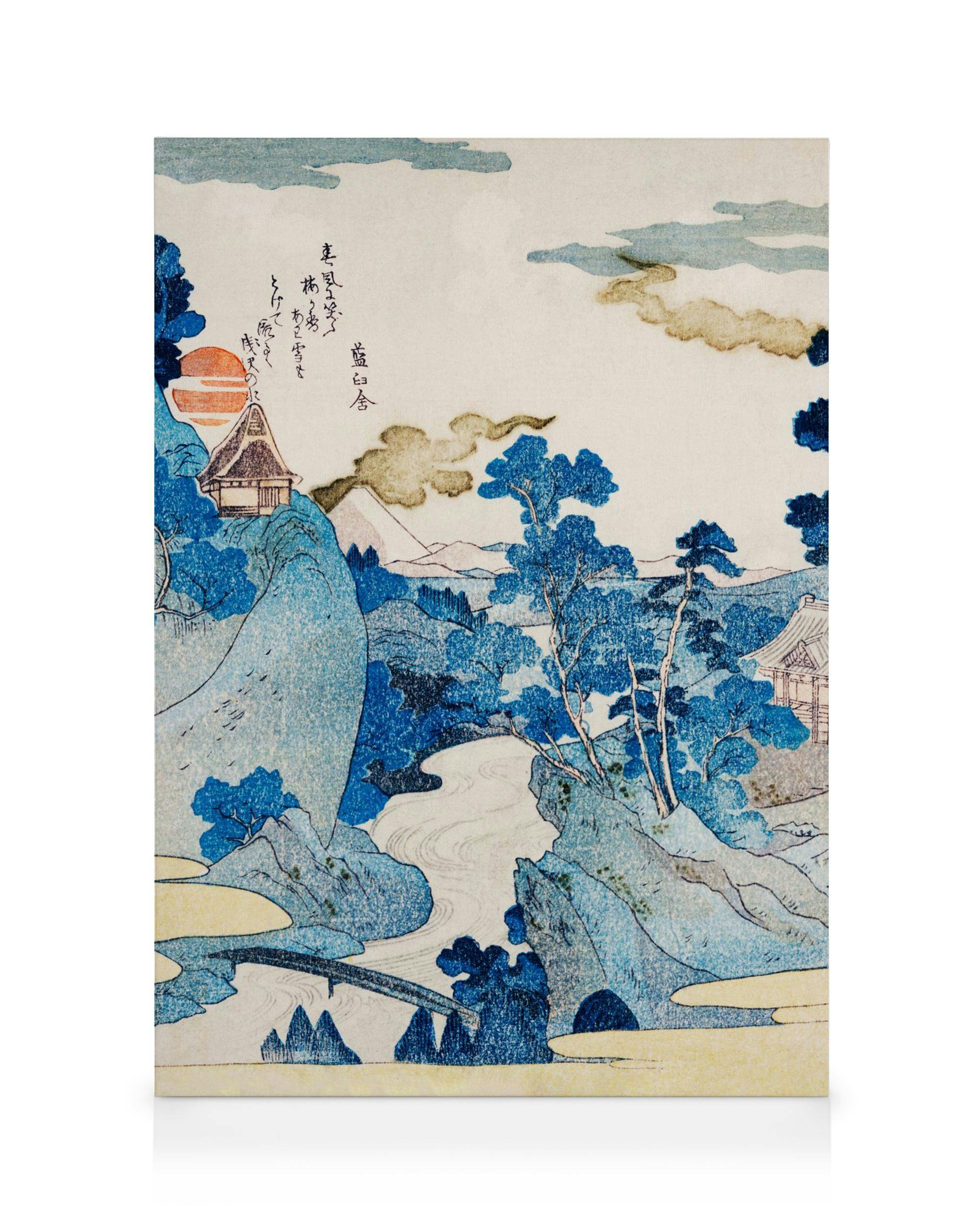 Utagawa Kuniyoshi: Fuji no Yukei, japanisches Kunstwerk mit blauem Berg und Fluss, orangefarbener Sonne, japanischen Häusern.