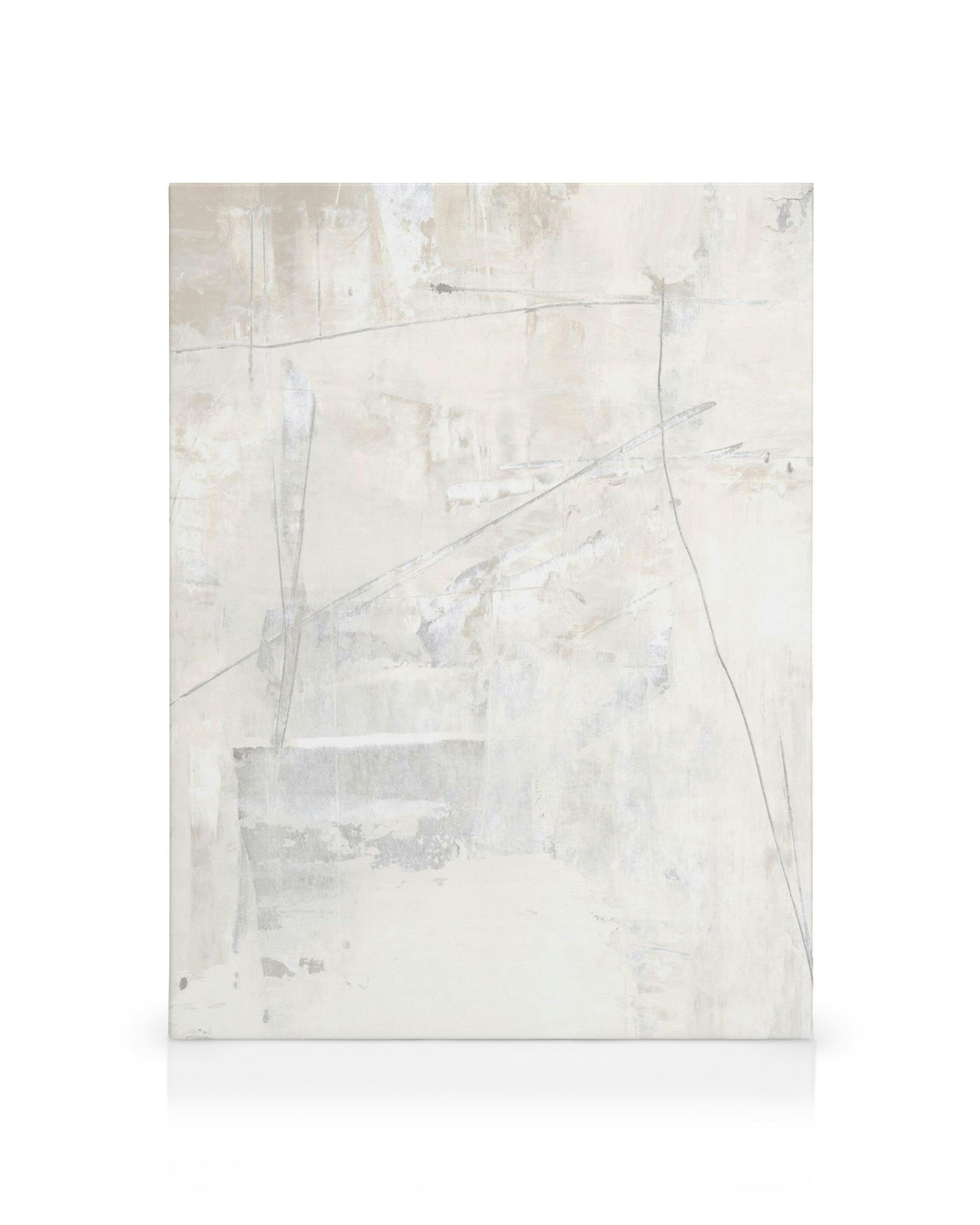 Abstract canvas print with textured white, grey, and light brown brushstrokes and thin dark lines.