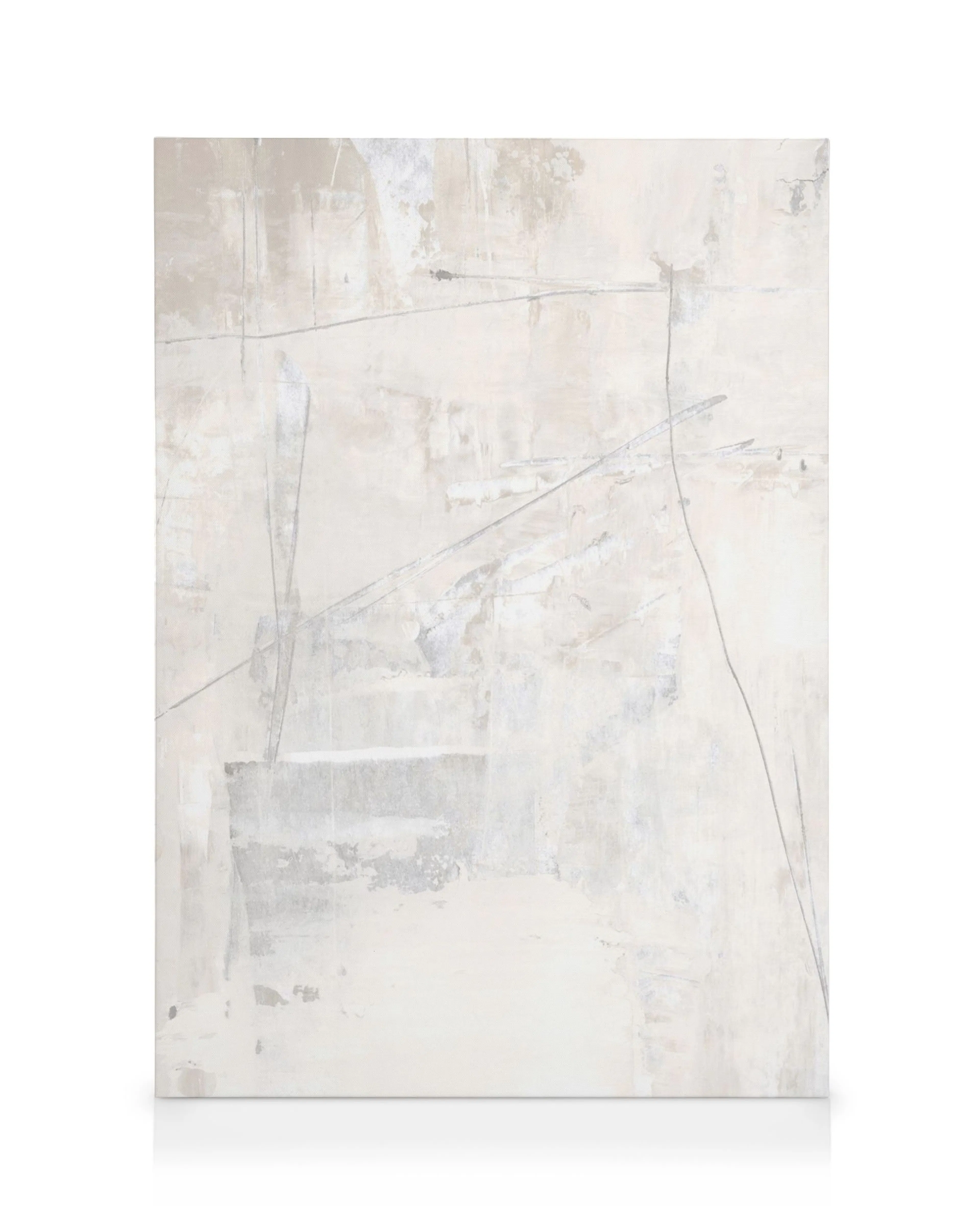 Toile abstraite tons blanc, gris, brun clair avec lignes sombres et coups de pinceau texturés