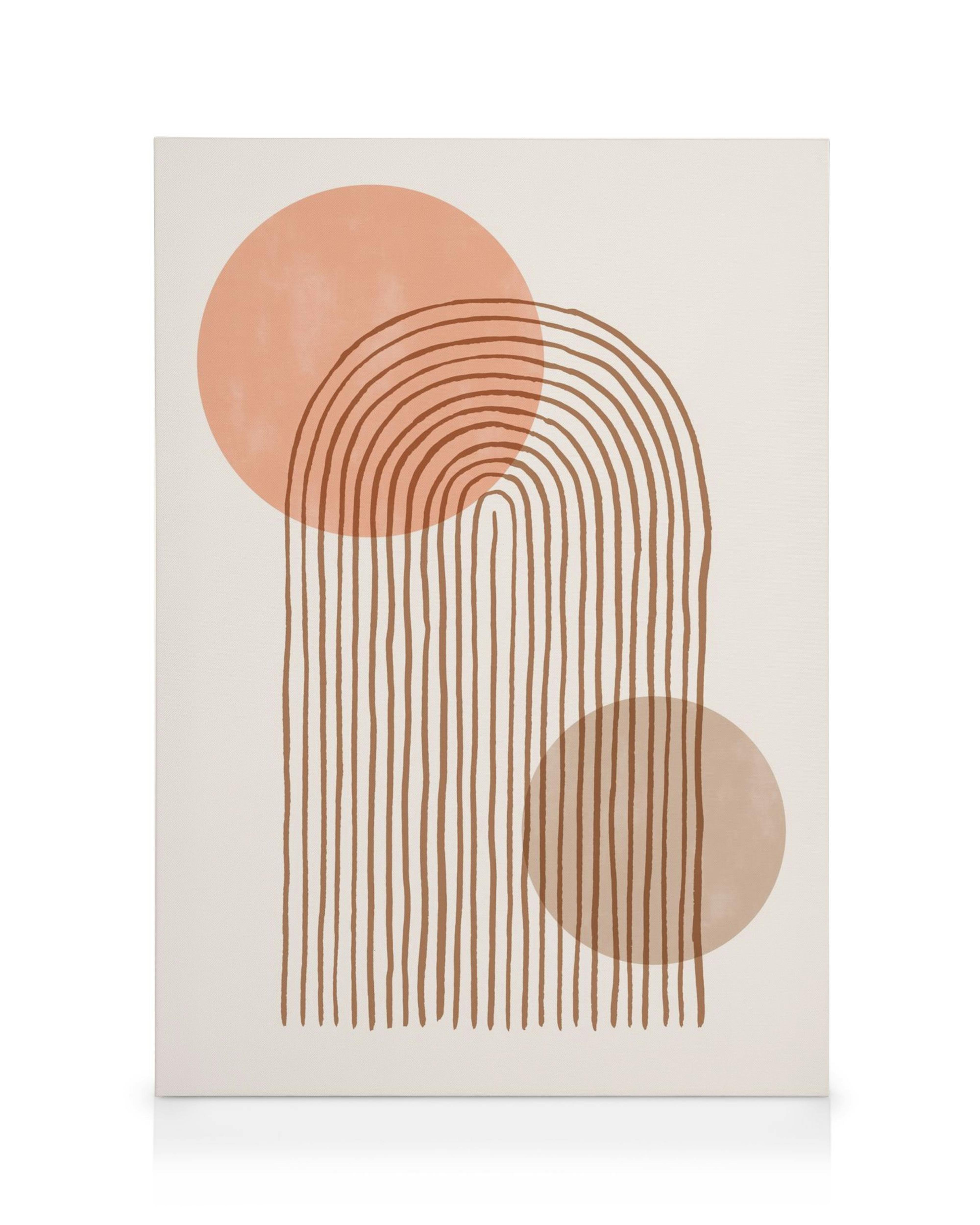 Boho arch canvas print with warm-toned arches and circles in brown and beige, ideal for rustic home decor