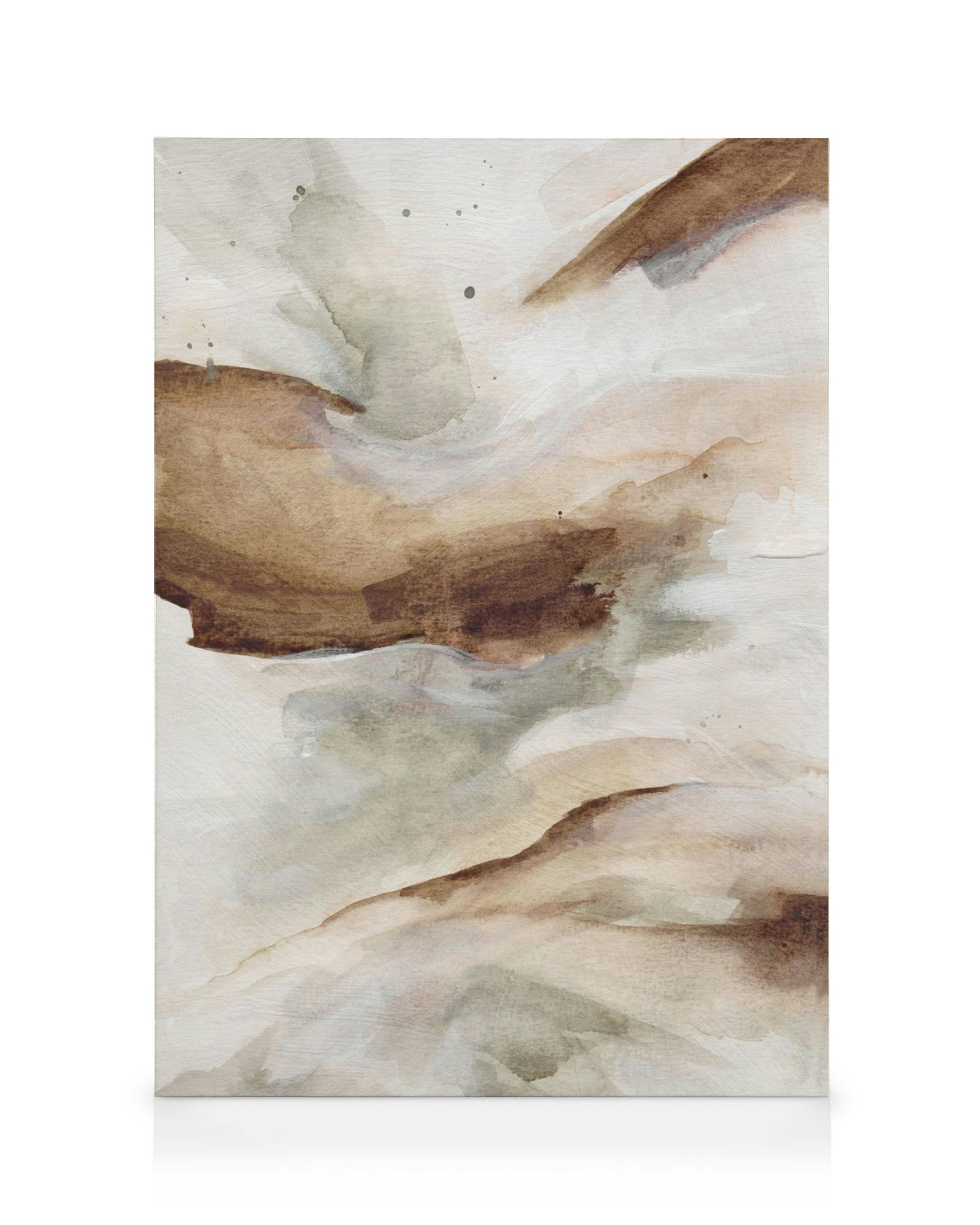 Toile abstraite avec des coups de pinceau aquarelle marron, beige et gris, points noirs, texture douce.