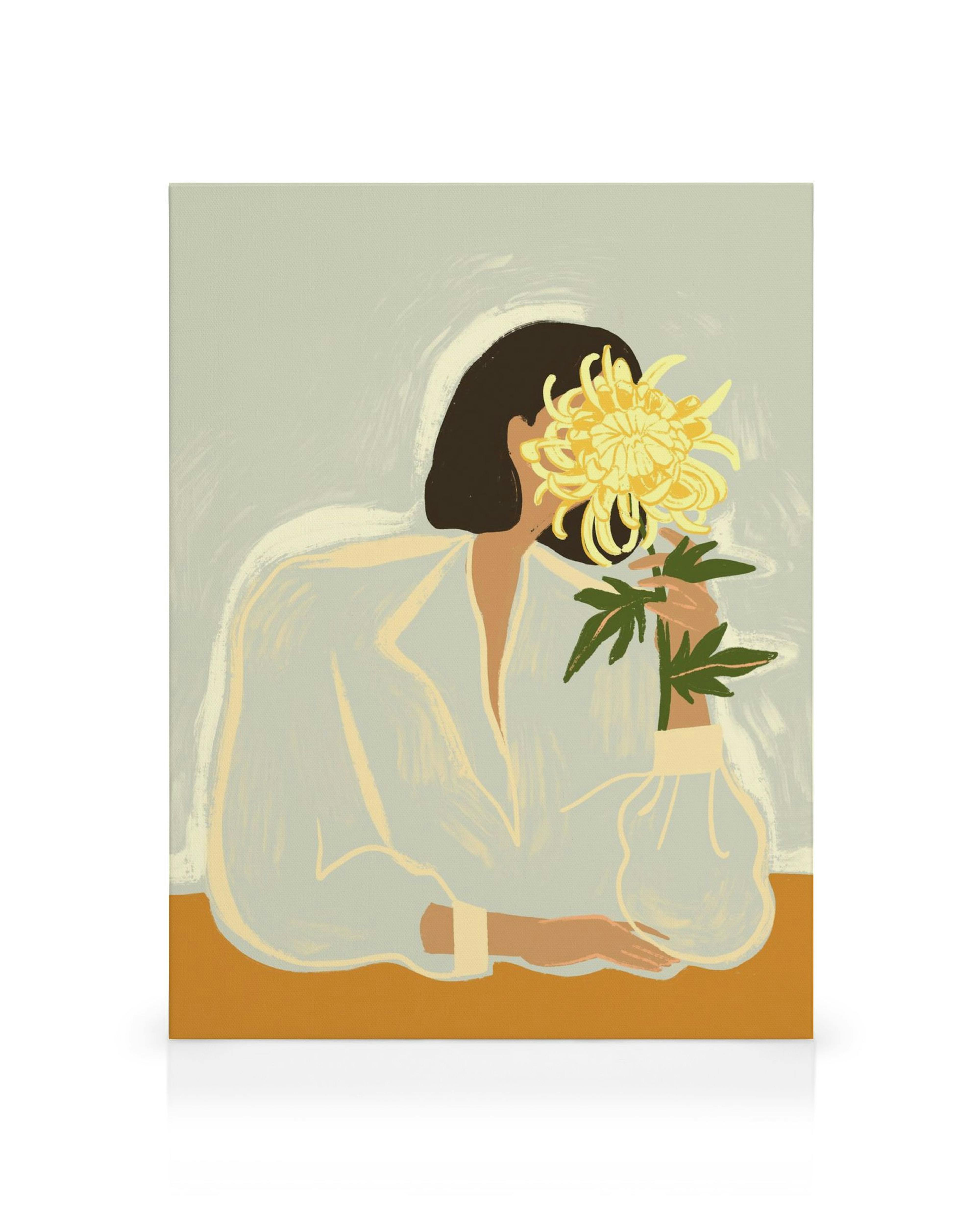 Canvas illustratie van een persoon met een gele chrysant, minimalistische kunst, vlakke kleuren.