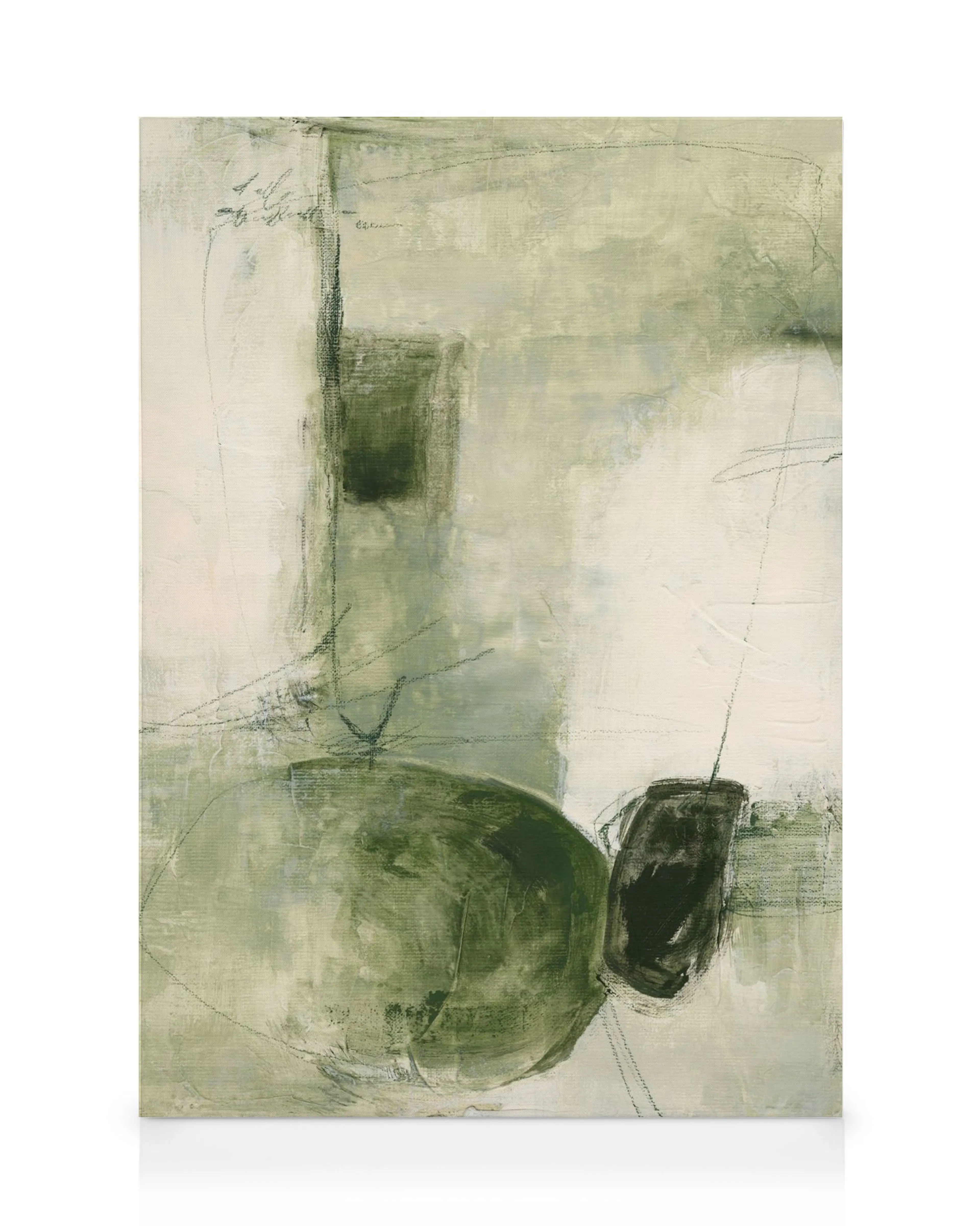 A canvas print featuring an abstract design with muted green and white tones, with dark green and black organic shapes and subtl