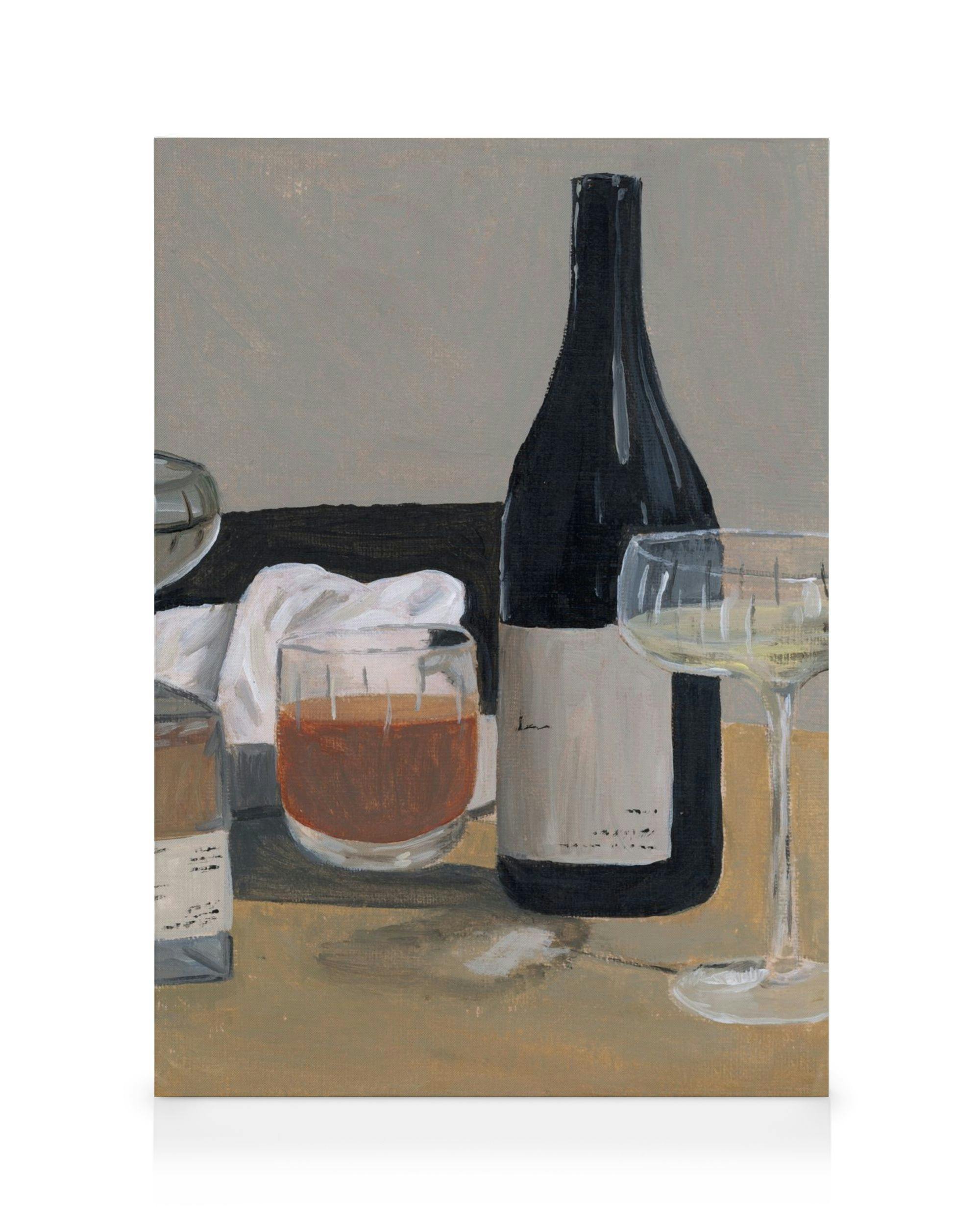 A canvas print featuring a still life painting of a dark wine bottle, two glasses of alcohol, and a white napkin.