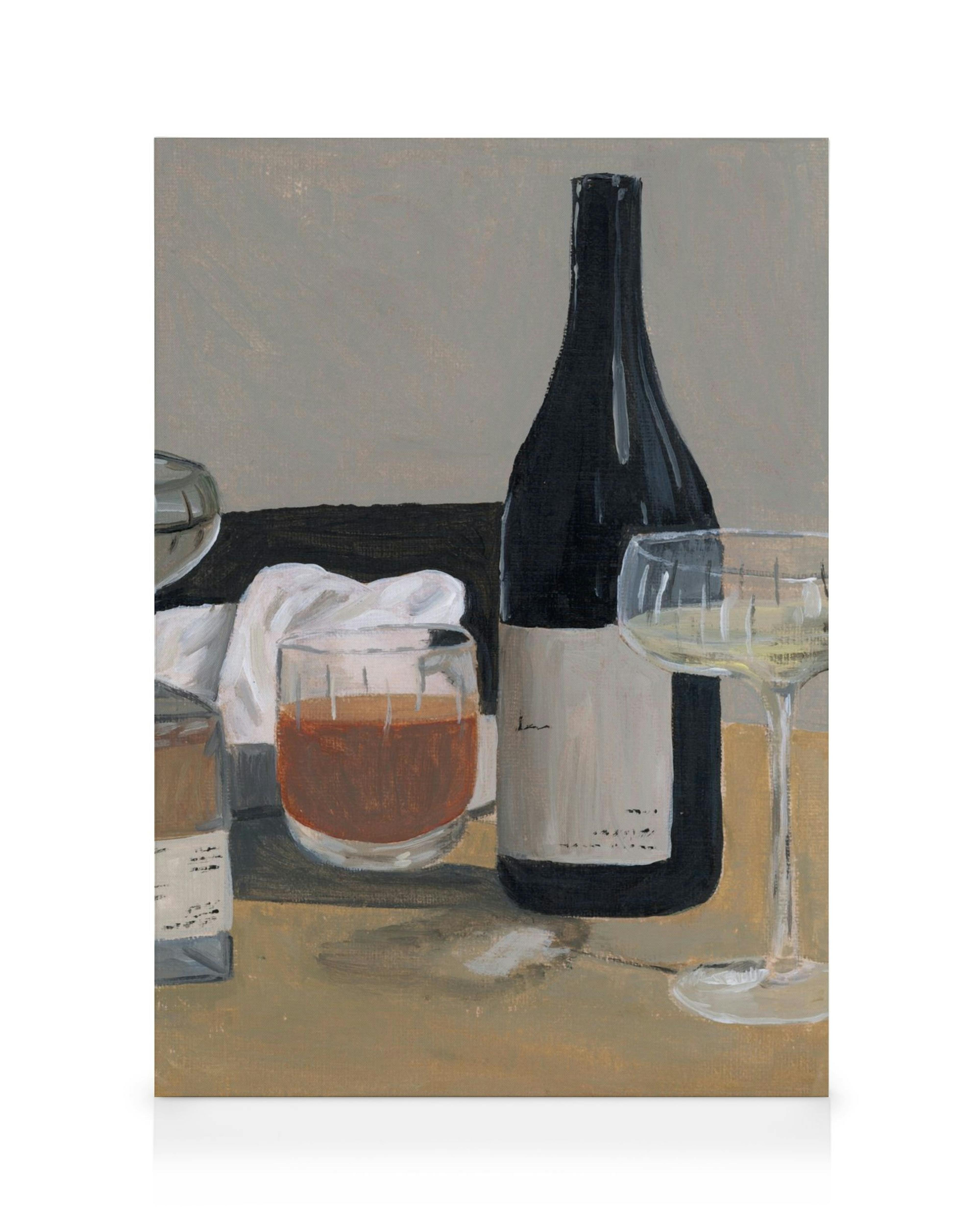 A canvas print featuring a still life painting of a dark wine bottle, two glasses of alcohol, and a white napkin.