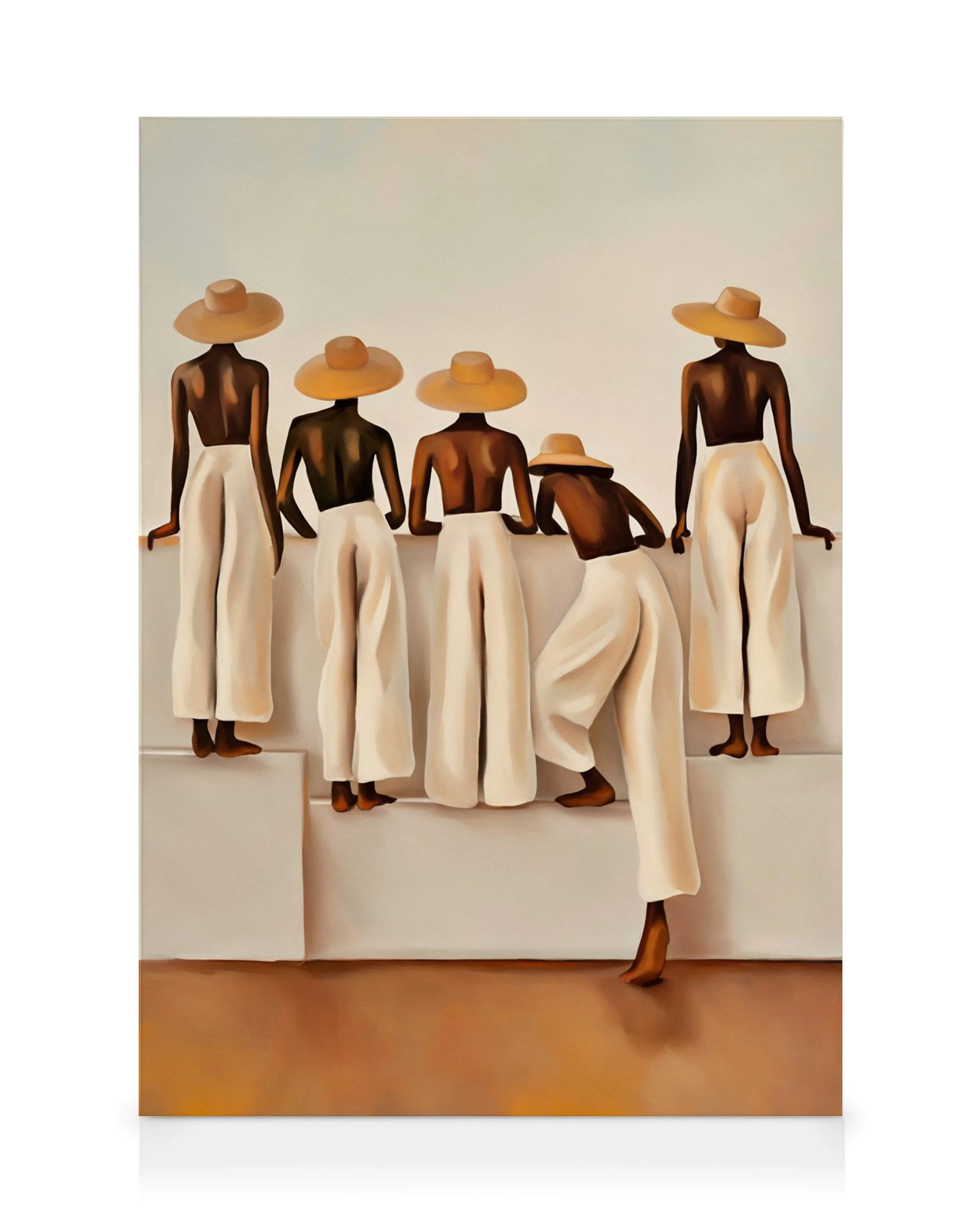 A canvas print of five women in straw hats and white wide-leg pants, standing and lounging on various levels.