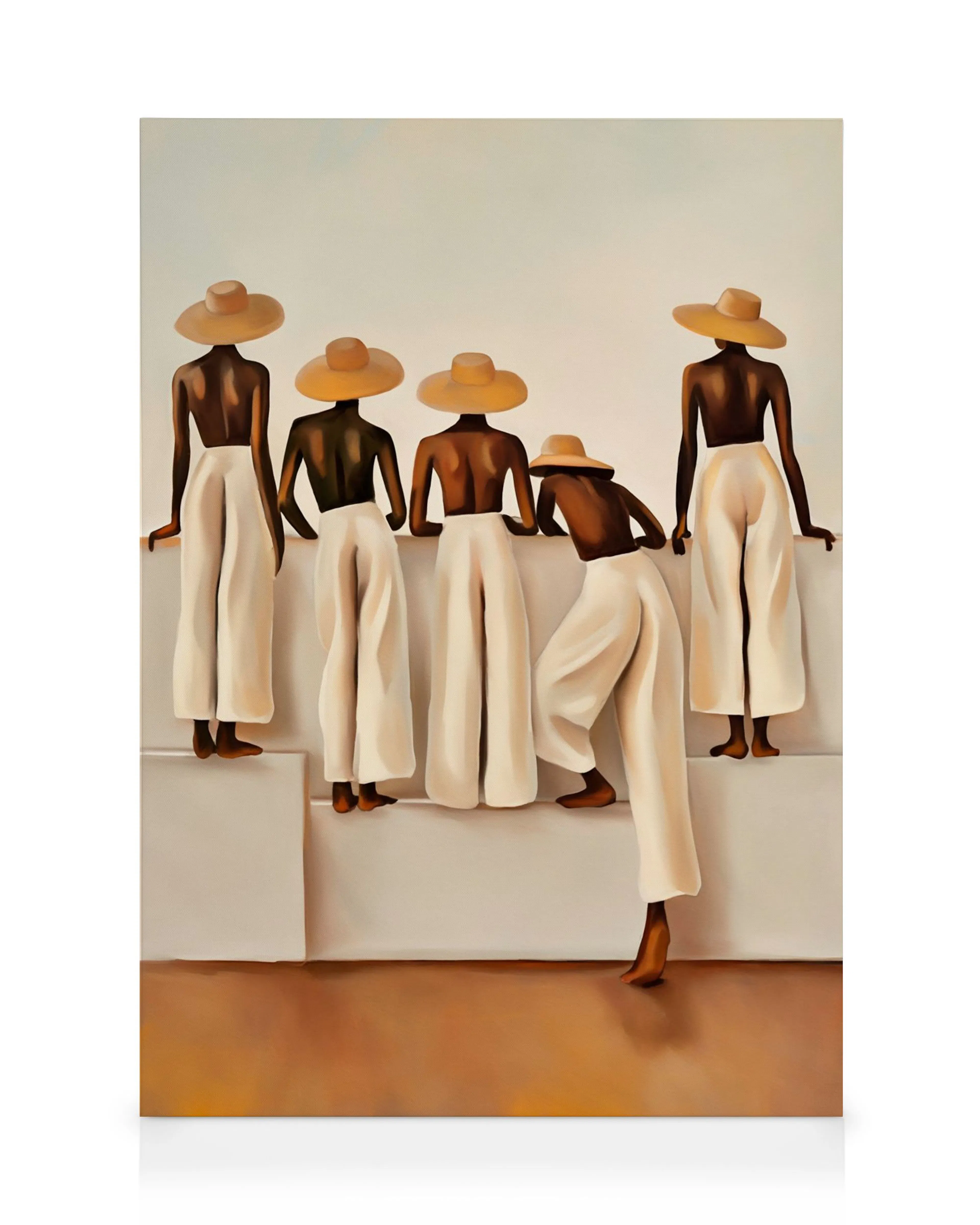 A canvas print portraying five figures in straw hats and white wide-leg trousers on an off-white and brown background.