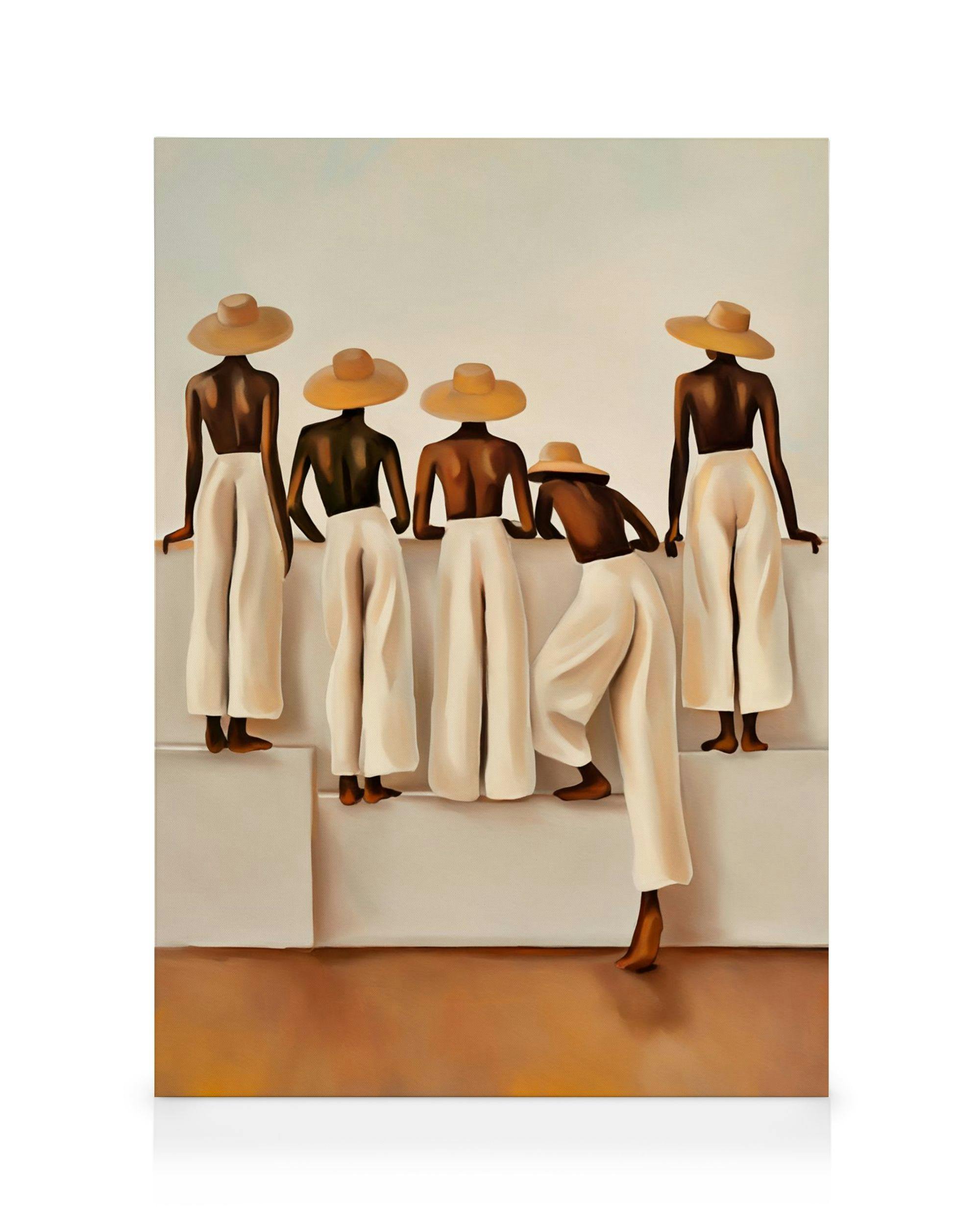 A canvas print portraying five figures in straw hats and flowy white pants, standing on neutral-toned steps.