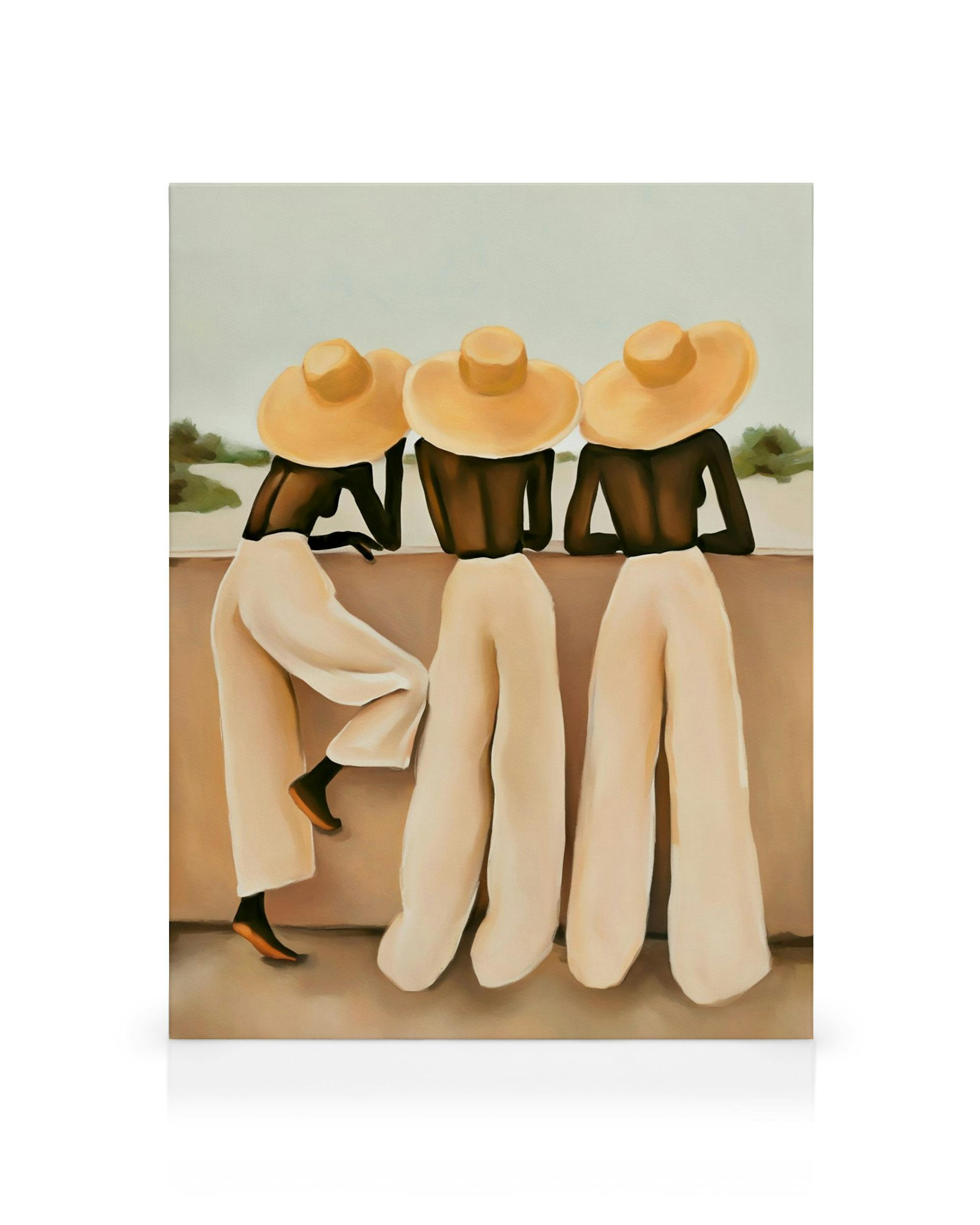 Leinwandbild von drei Frauen mit hellen Hüten und Hosen, die auf eine Landschaft blicken.