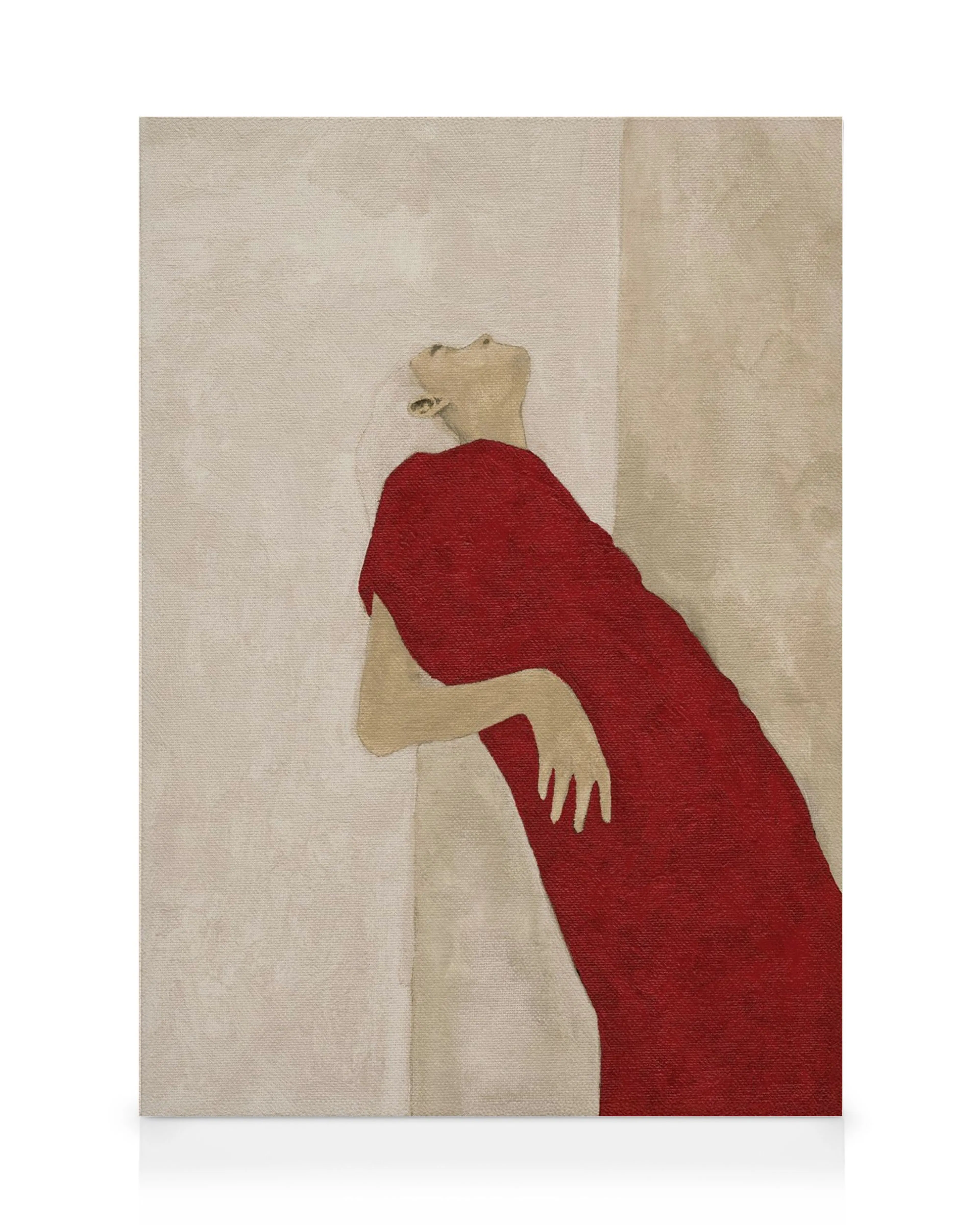 Lienzo de una figura femenina en un vestido rojo, recostada contra una pared, mirando hacia arriba.