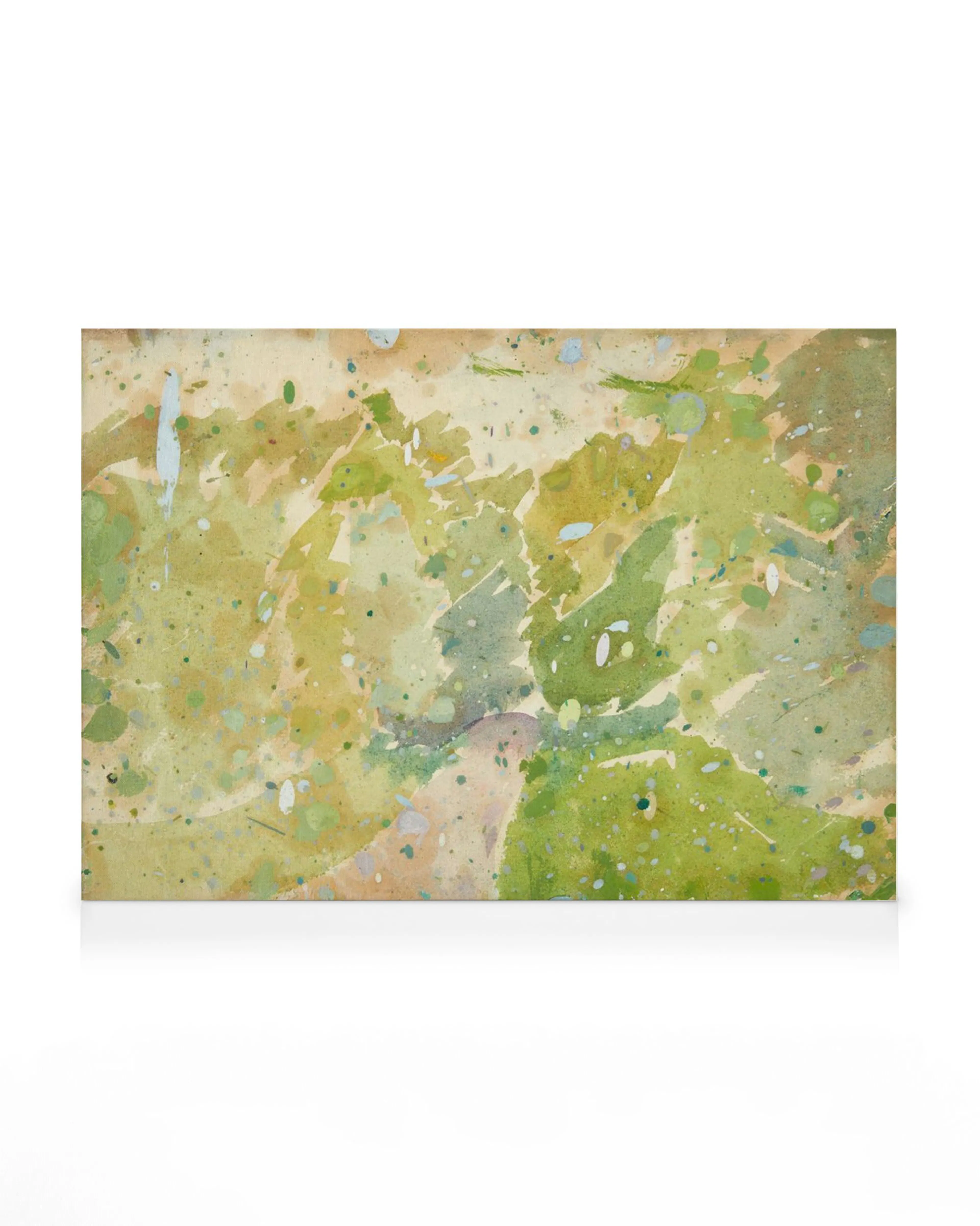 A canvas print featuring abstract green and earthy tones with paint splatters, evoking a natural landscape.