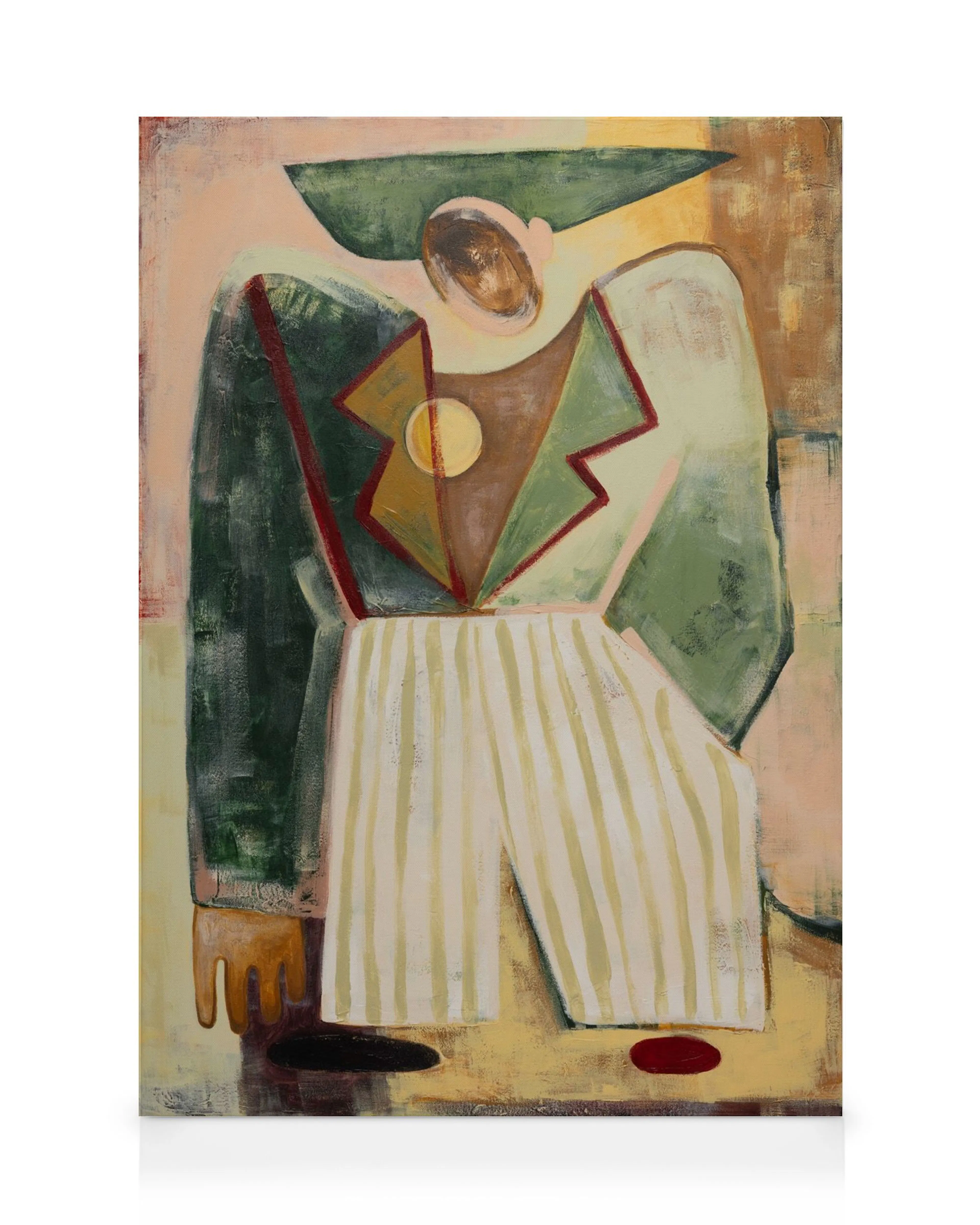 A canvas print featuring an abstract figure in green and brown attire with striped pants and a yellow circle on the chest.