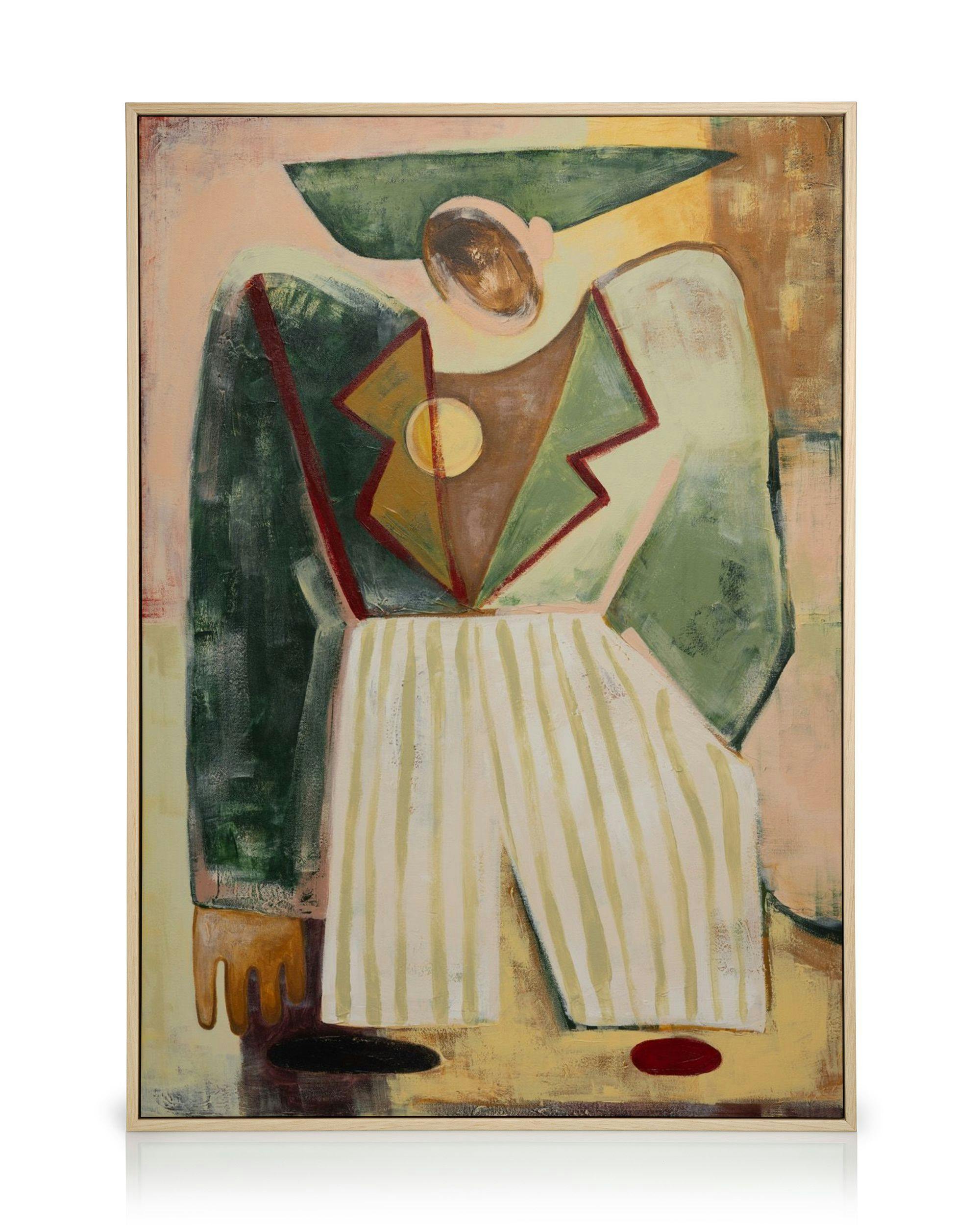 En abstrakt canvastavla som föreställer en stående person i gröna och beige toner med rödbruna detaljer.