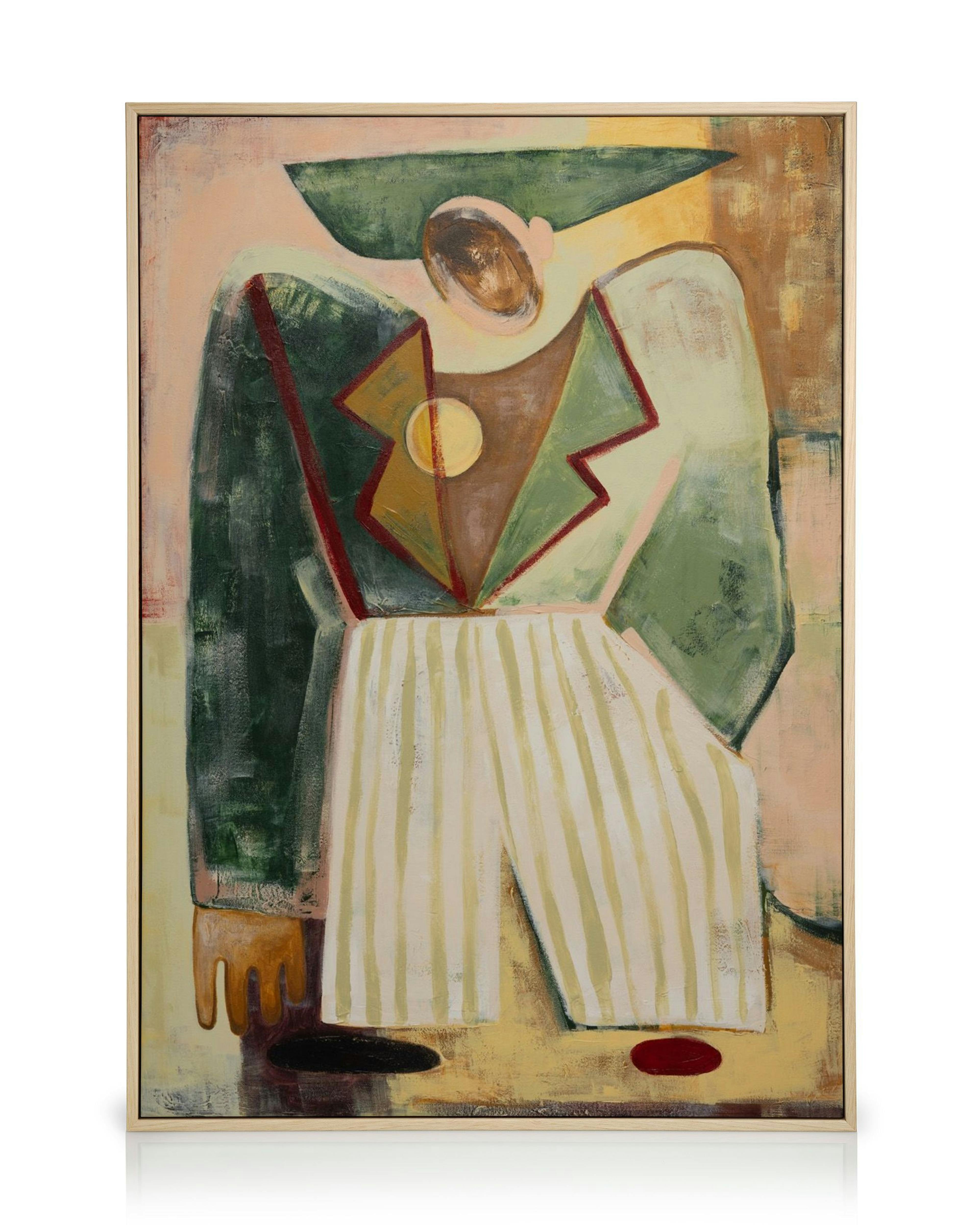 Toile abstraite dune figure humaine en costume vert et pantalon rayé blanc, avec un fond terreux.