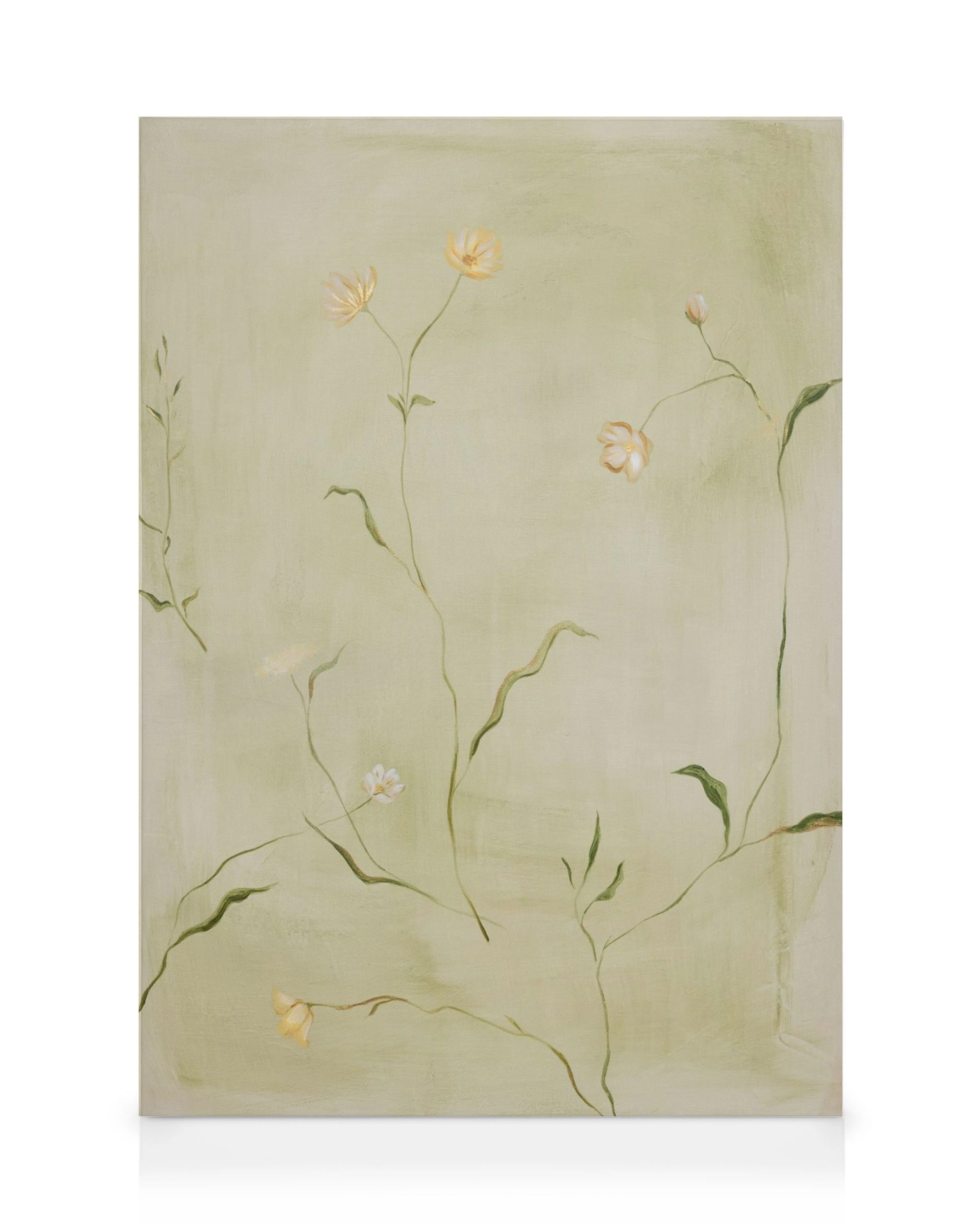A canvas print featuring delicate yellow and white wildflowers with green stems on a light green background.