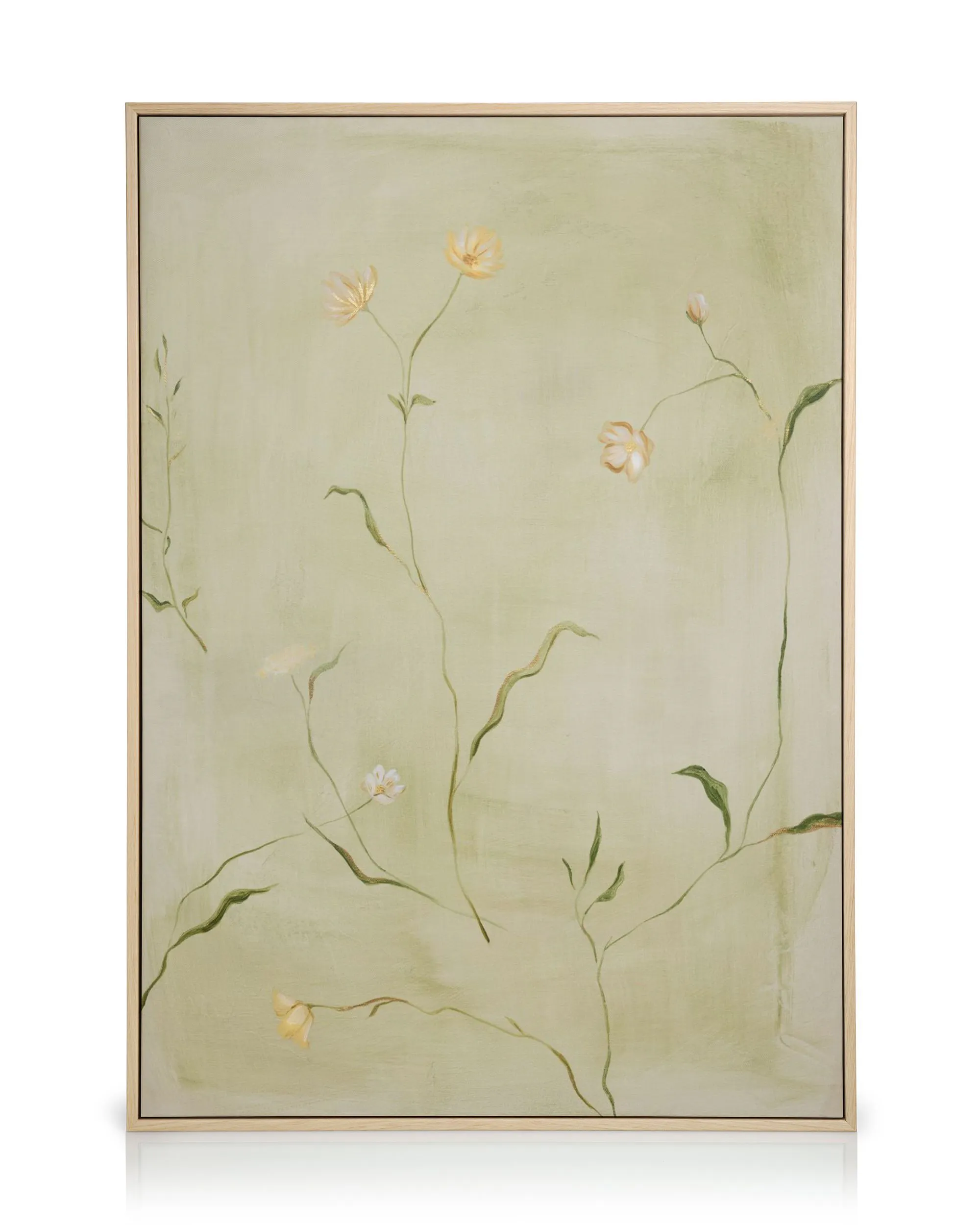 A canvas print featuring delicate yellow and white wildflowers with green stems on a light green background.