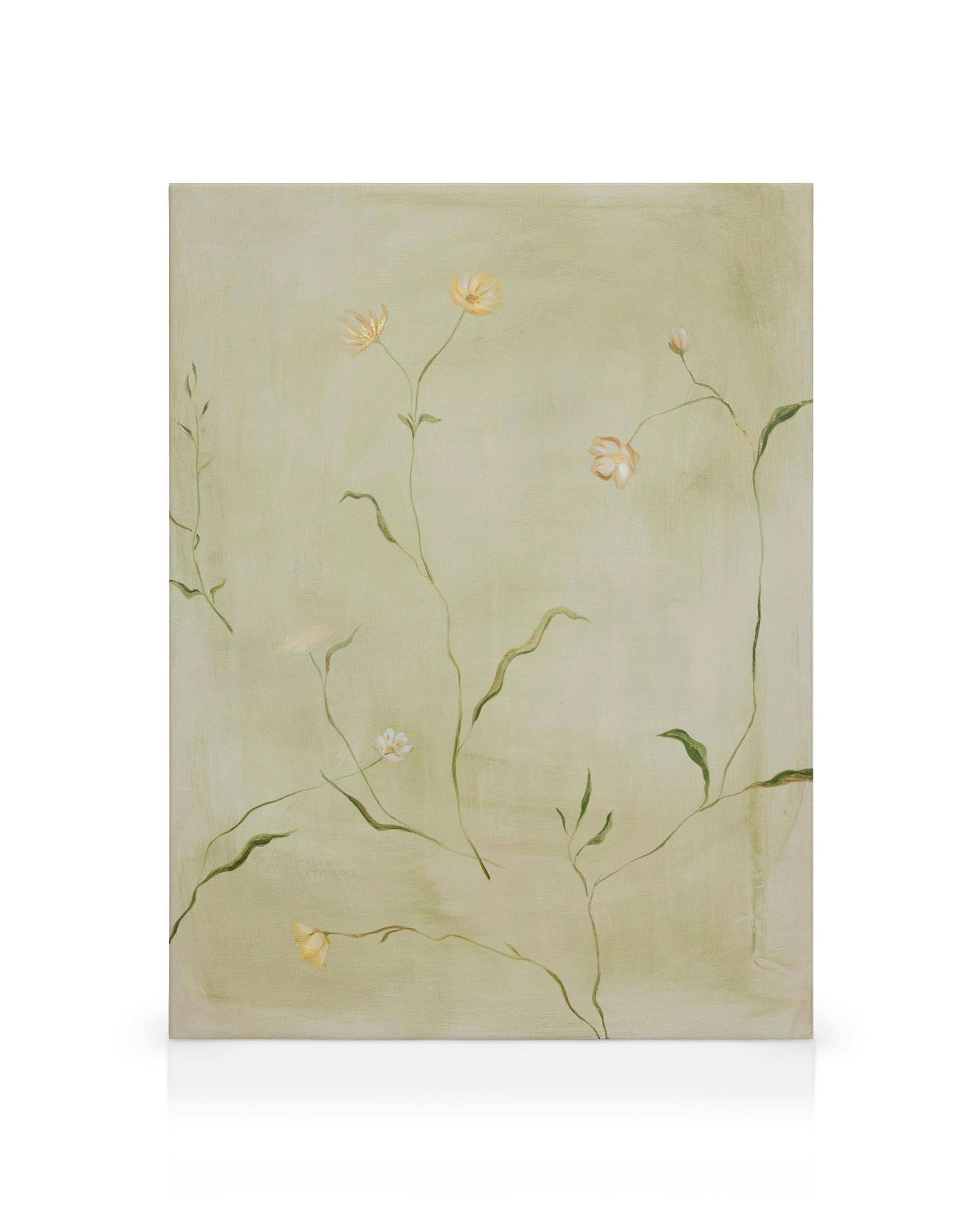 A canvas print featuring delicate yellow and white flowers with green stems and leaves on a soft green background.