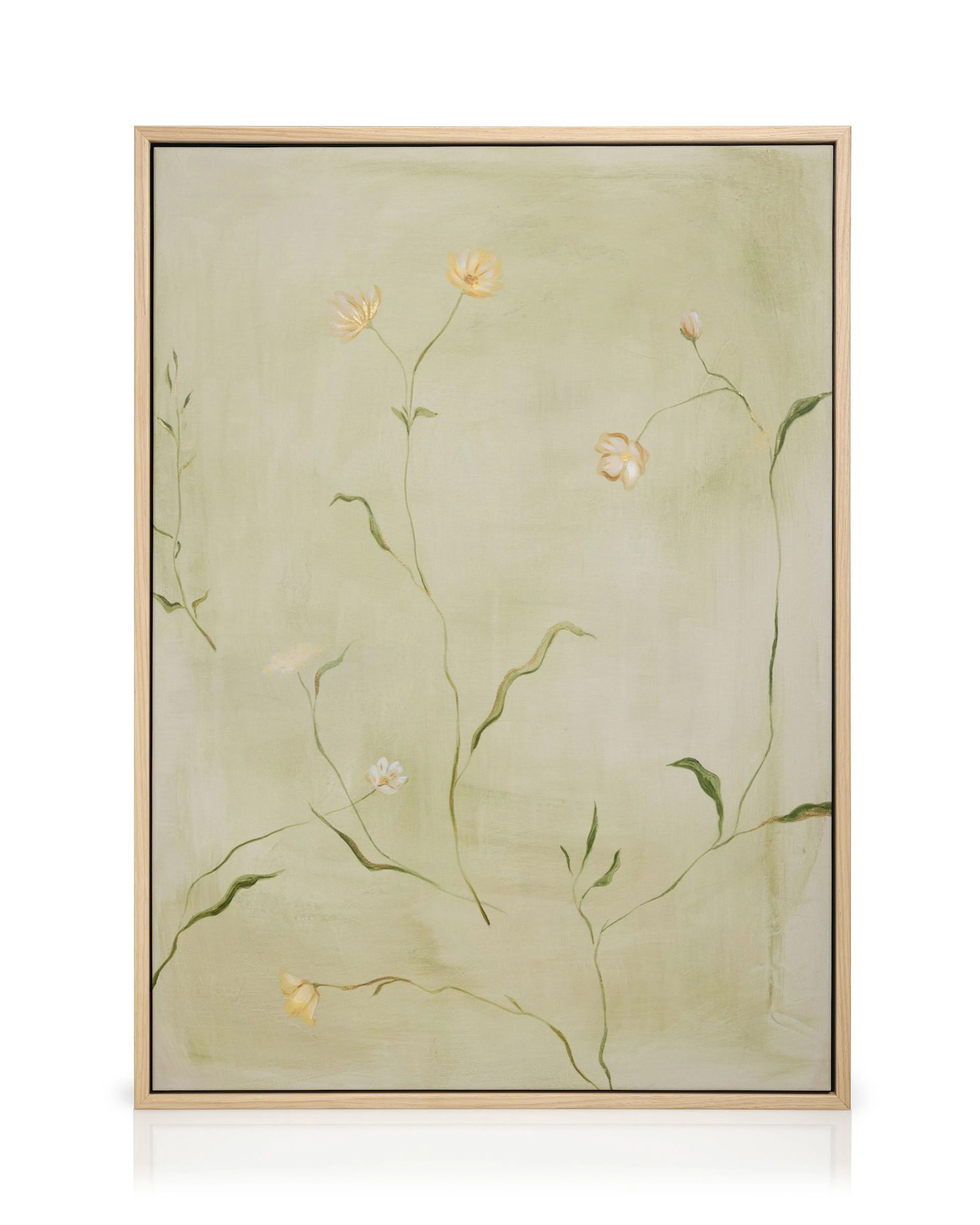 A delicate botanical canvas print with light yellow and white flowers on thin green stems over a pale green background.