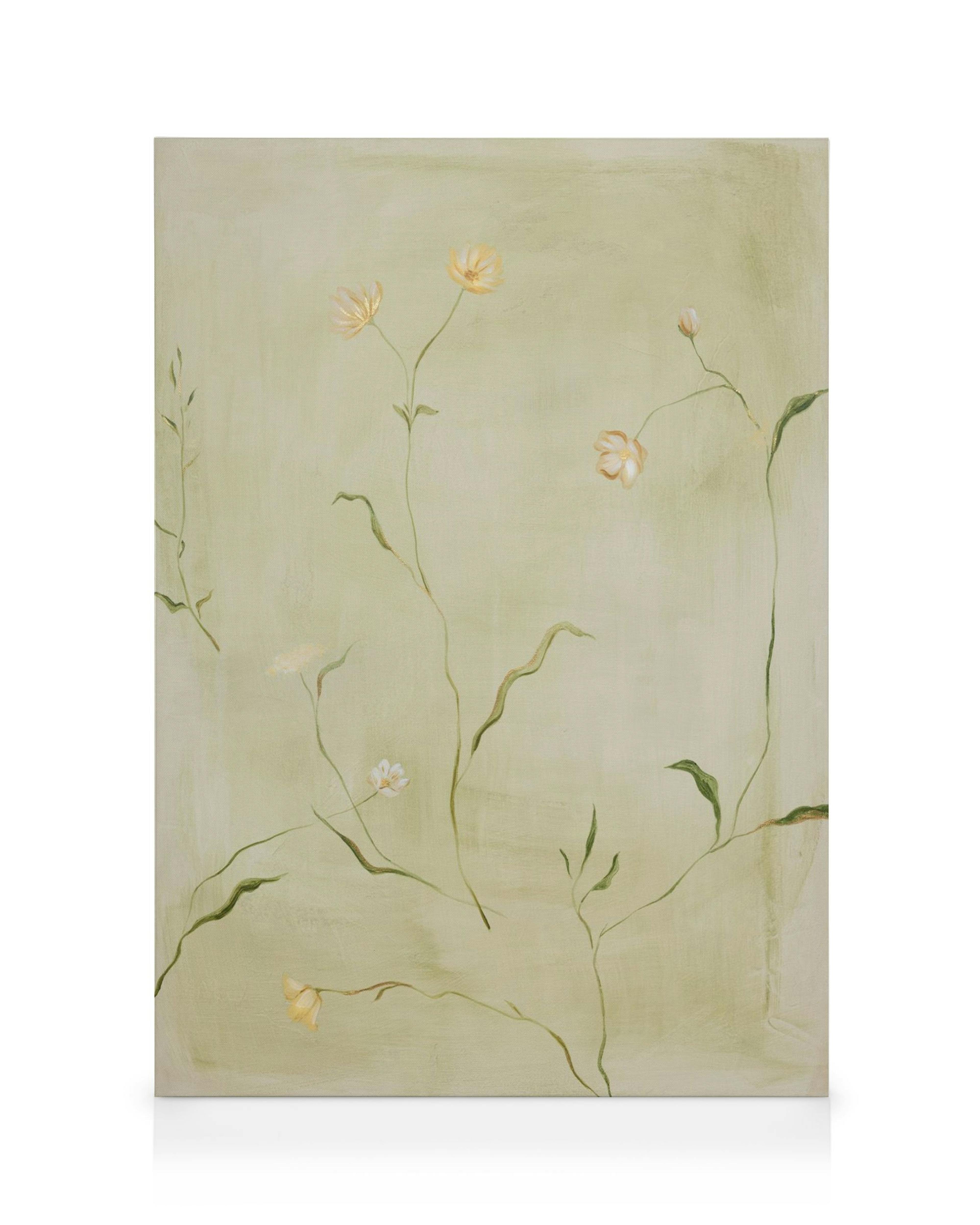 A canvas print featuring delicate yellow and white flowers with green stems and leaves on a soft green background.