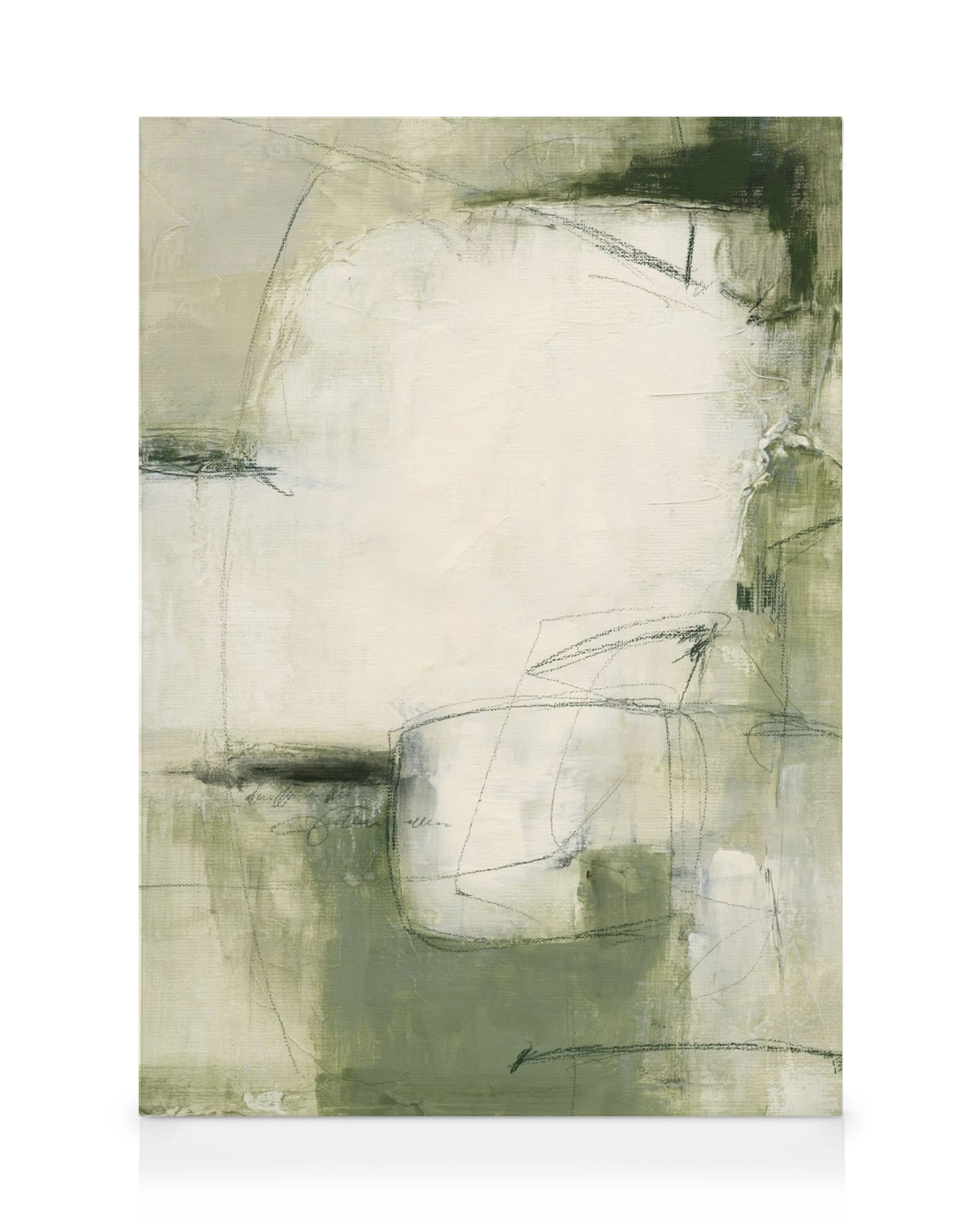 Lienzo abstracto con formas orgánicas en tonos verde oliva y beige claro, con líneas oscuras y garabatos.