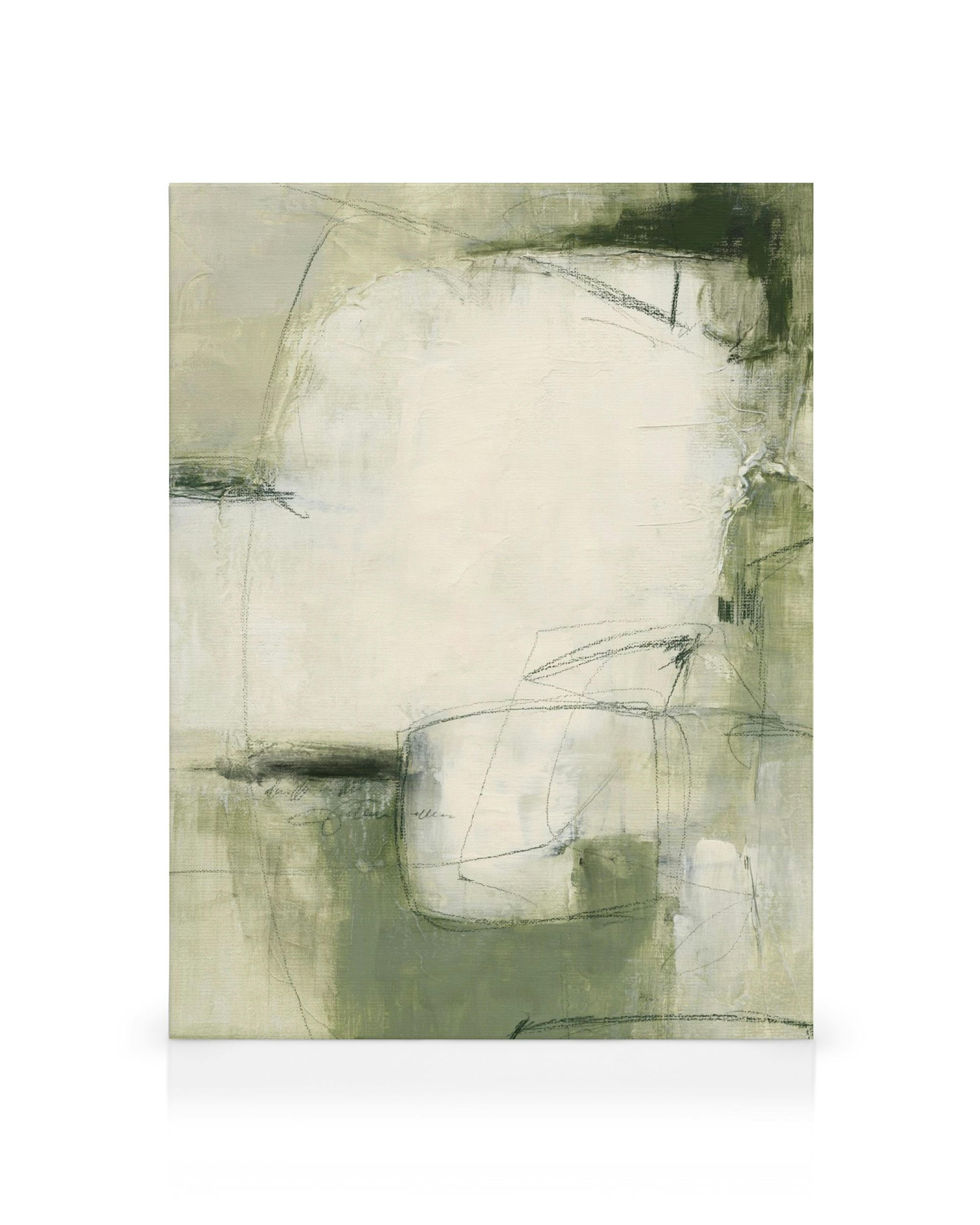 Lienzo abstracto con formas orgánicas en tonos verde oliva y beige claro, con líneas oscuras y garabatos.